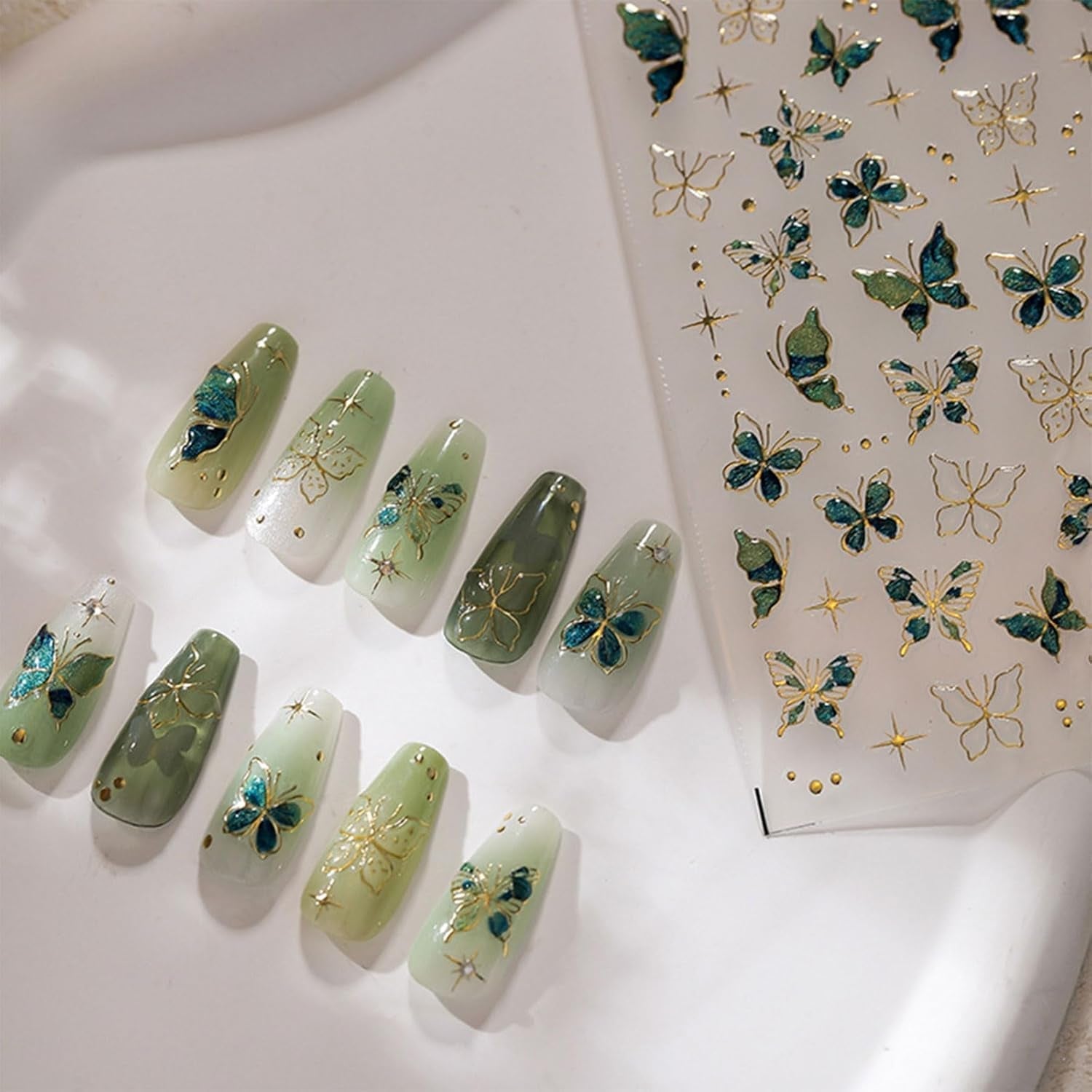 JMEOWIO 3D Nagelsticker Grün Gold Schmetterling Nail Art Naklejka Selbstklebend Nagelaufkleber 5D Stereoskopisch Dekoration Nageldesign Zubehör 1 Blatt