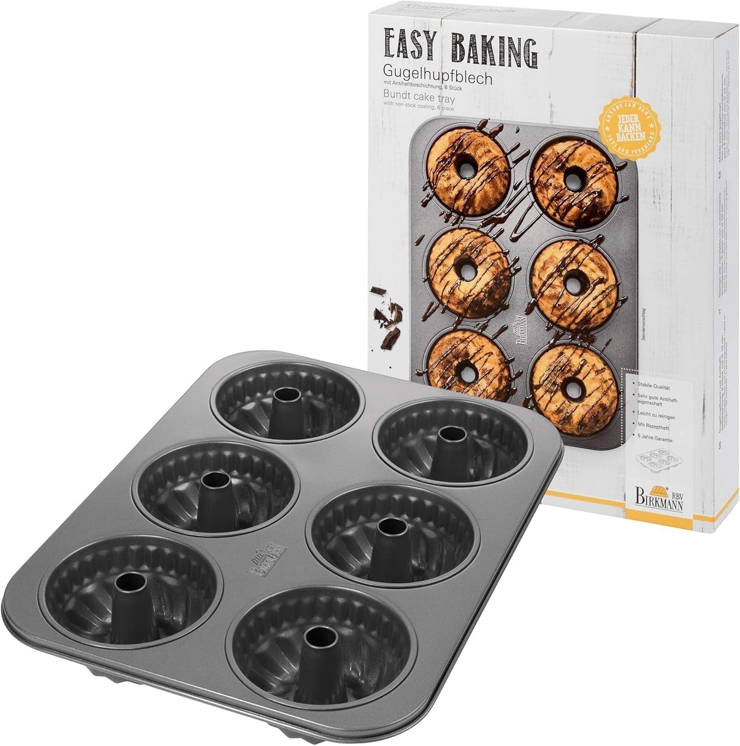 Birkmann, Easy Baking, Donutblech, Backform Für 6 Donuts, Mit Hochwertiger Antihaftbeschichtung, Ø 9 Cm, Mit Rezept, 881631 Formy i blachy do pieczenia Naty Shop 6Er Gugelhupfform