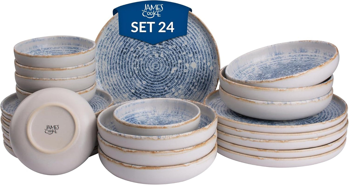 Zestaw naczyń obiadowych z kamionki w stylu vintage Azure na 6 - 24 sztuki - białe i niebieskie paski, wytłoczona powierzchnia - można myć w zmywarce, piekarniku i kuchence mikrofalowej