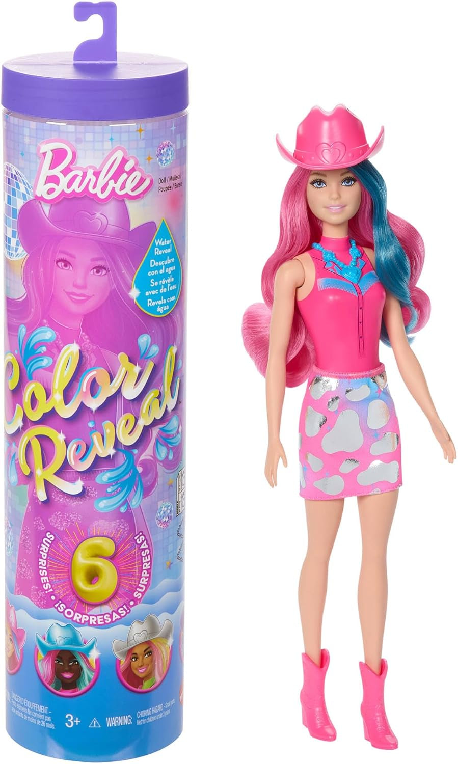 Lalka Barbie Color Reveal i akcesoria z 6 niespodziankami, seria Disco Star z metalicznym brokatem i topem zmieniającym kolor (style mogą się różnić), JCP01, 32 cm