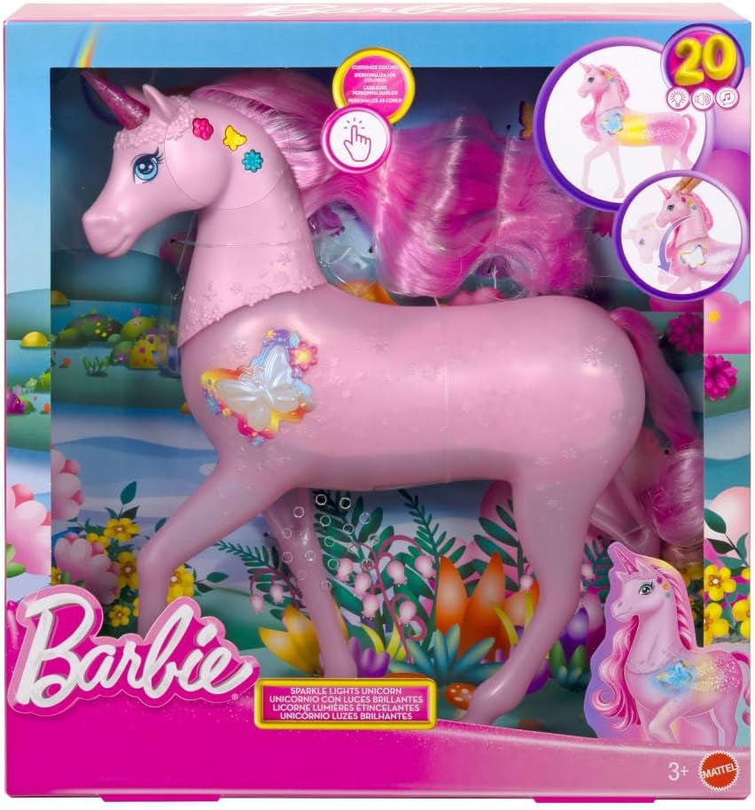 Świecący w ciemności jednorożec Barbie z 20 interaktywnymi kombinacjami efektów świetlnych, dźwiękowych i muzycznych do zabawy poprzez naciśnięcie przycisku i głaskanie po głowie, JCP78