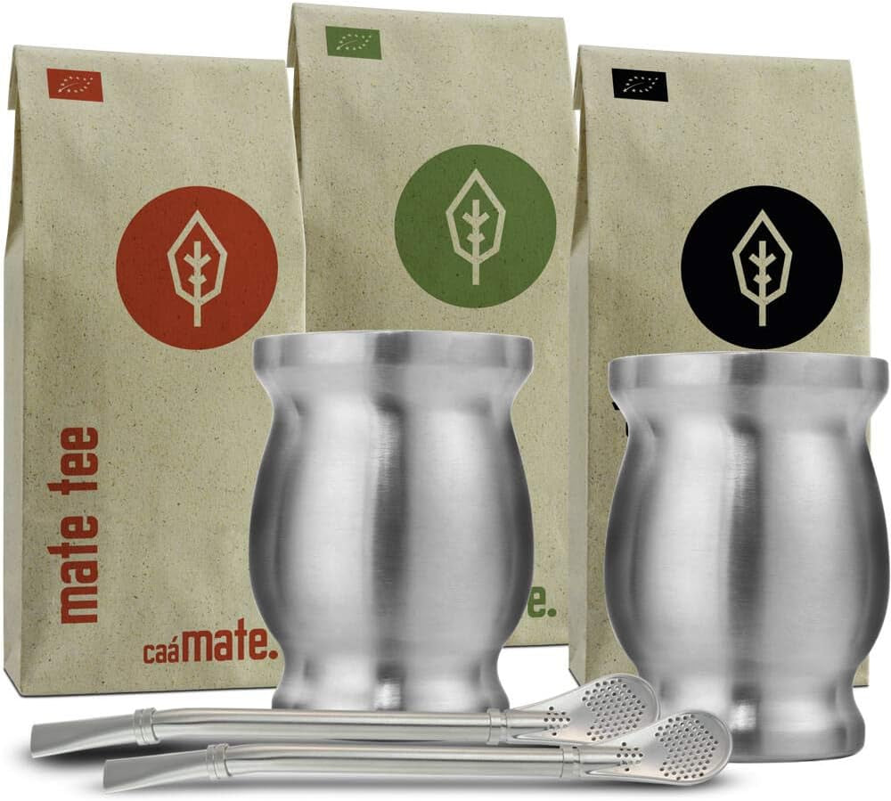 Zestaw do herbaty Mate Bio ● 3 zestawy Mate + 2 filiżanki Mate ze stali nierdzewnej o podwójnych ściankach + 2 Bombille + Instrukcja parzenia (czarna)