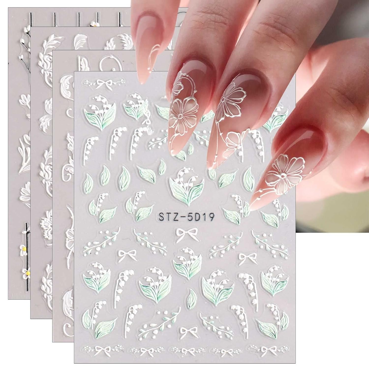 JMEOWIO 3D Nagelsticker Frühling Blume Nail Art Naklejka Selbstklebend Nagelaufkleber 5D Stereoskopisch Buntes Sommer Blumen Dekoration Nageldesign Zubehör 4 Blatt