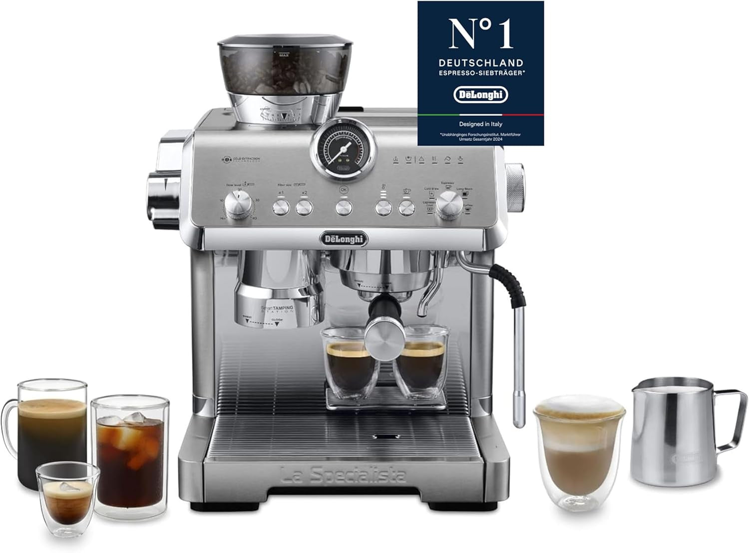 De'Longhi La Specialista Arte EC9155.MB ekspres do kawy z kolbą ze młynkiem, 8 stopni mielenia, ciśnienie 15 barów, 3 ustawienia temperatury, spieniacz do mleka, 1550 W, zbiornik 1,7 l, stal nierdzewna/czarny, w zestawie zestaw baristy