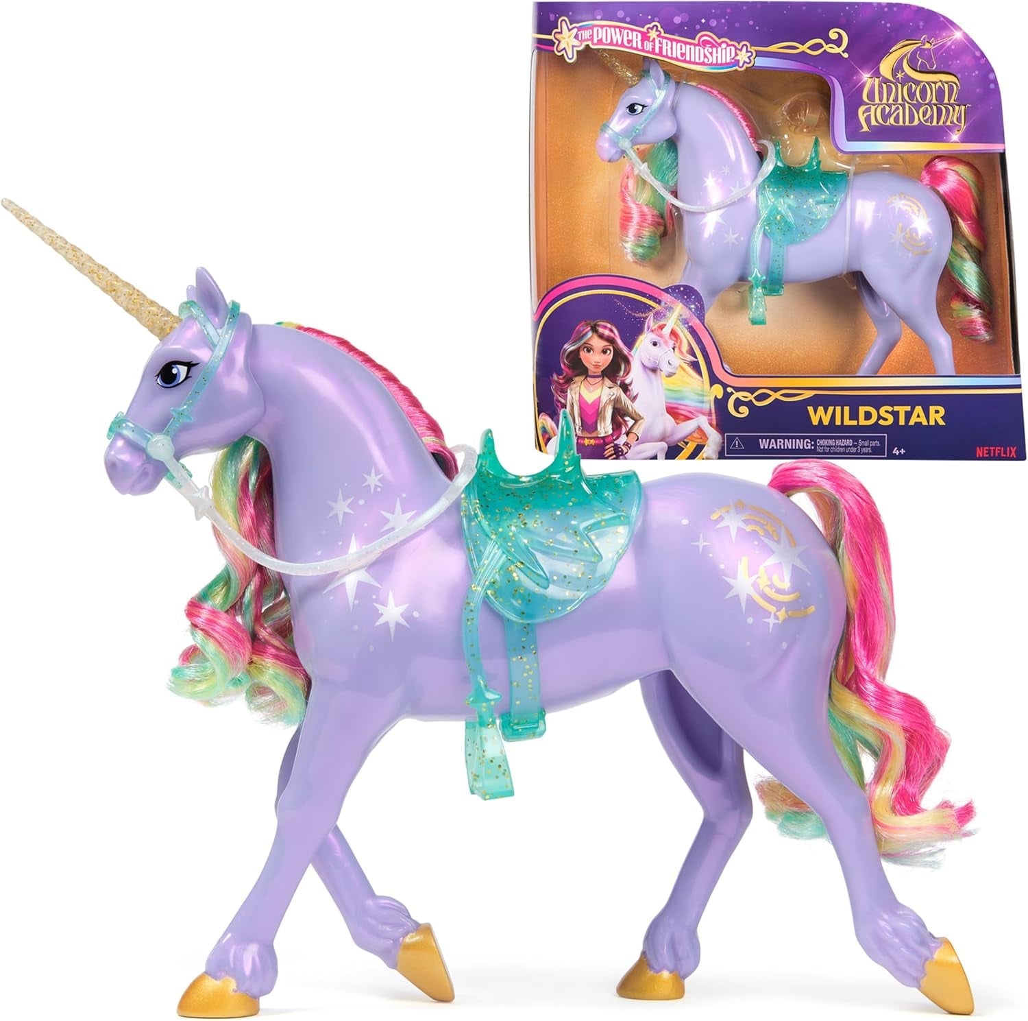 Wildstar Unicorn od Unicorn Academy - oryginalny jednorożec Sophia o wysokości 28 cm z serii Netflix z prawdziwą grzywą i ogonem, zdejmowaną uzdą, siodłem i szczotką, dla dzieci w wieku od 4 lat
