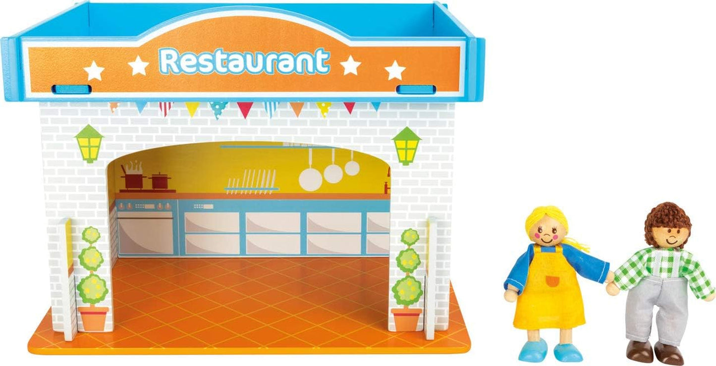 Small Foot 10852 Playhouse Restaurant Wykonane z drewna, z 2 figurkami lalek, akcesoriami i zdejmowanym dachem, od 3 lat Domki dla lalek Naty Shop