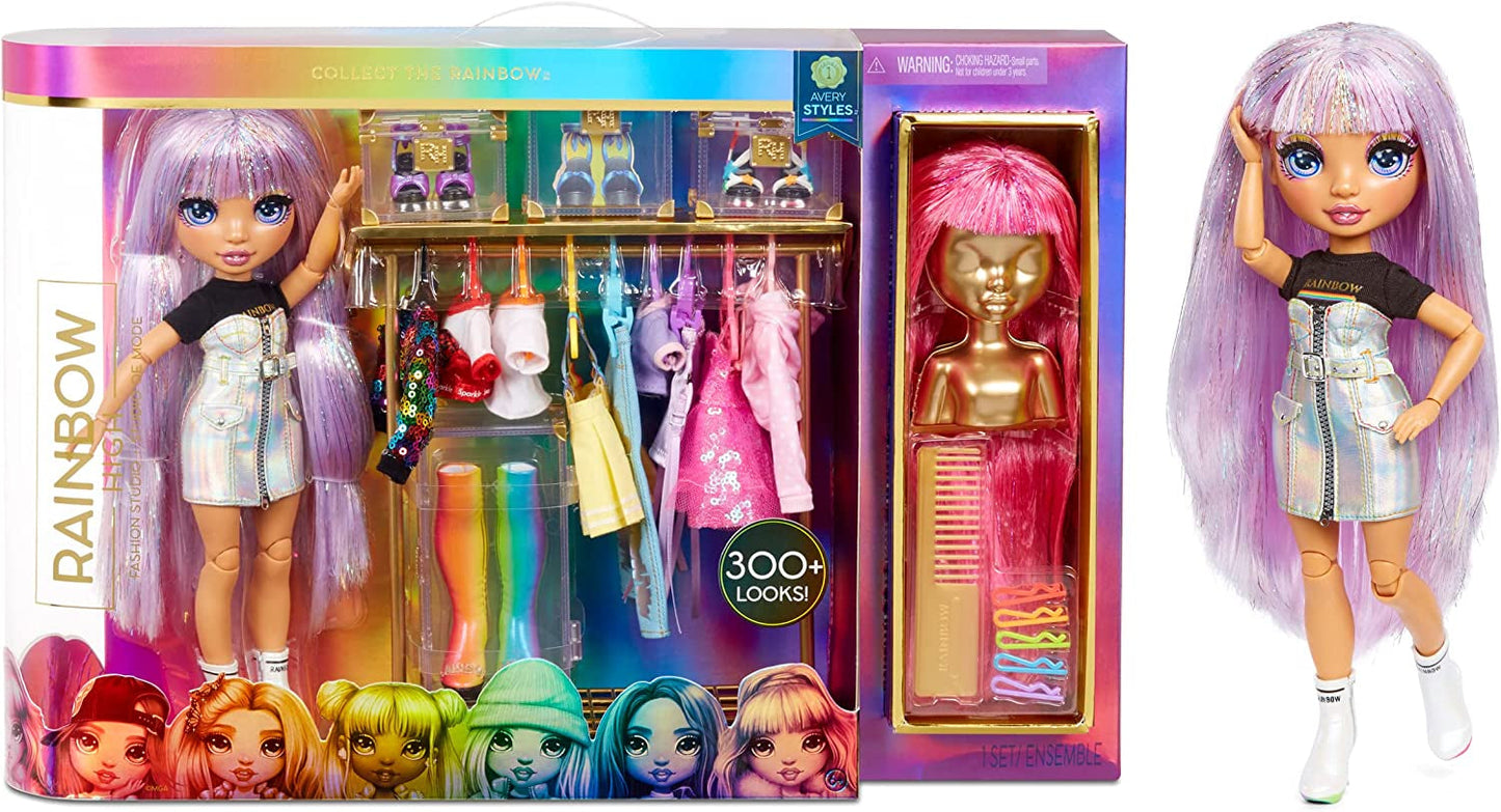 Rainbow High 571049 Fashion Studio - Ekskluzywna lalka z ubrankami, akcesoriami i 2 błyszczącymi perukami - Stwórz ponad 300 strojów!