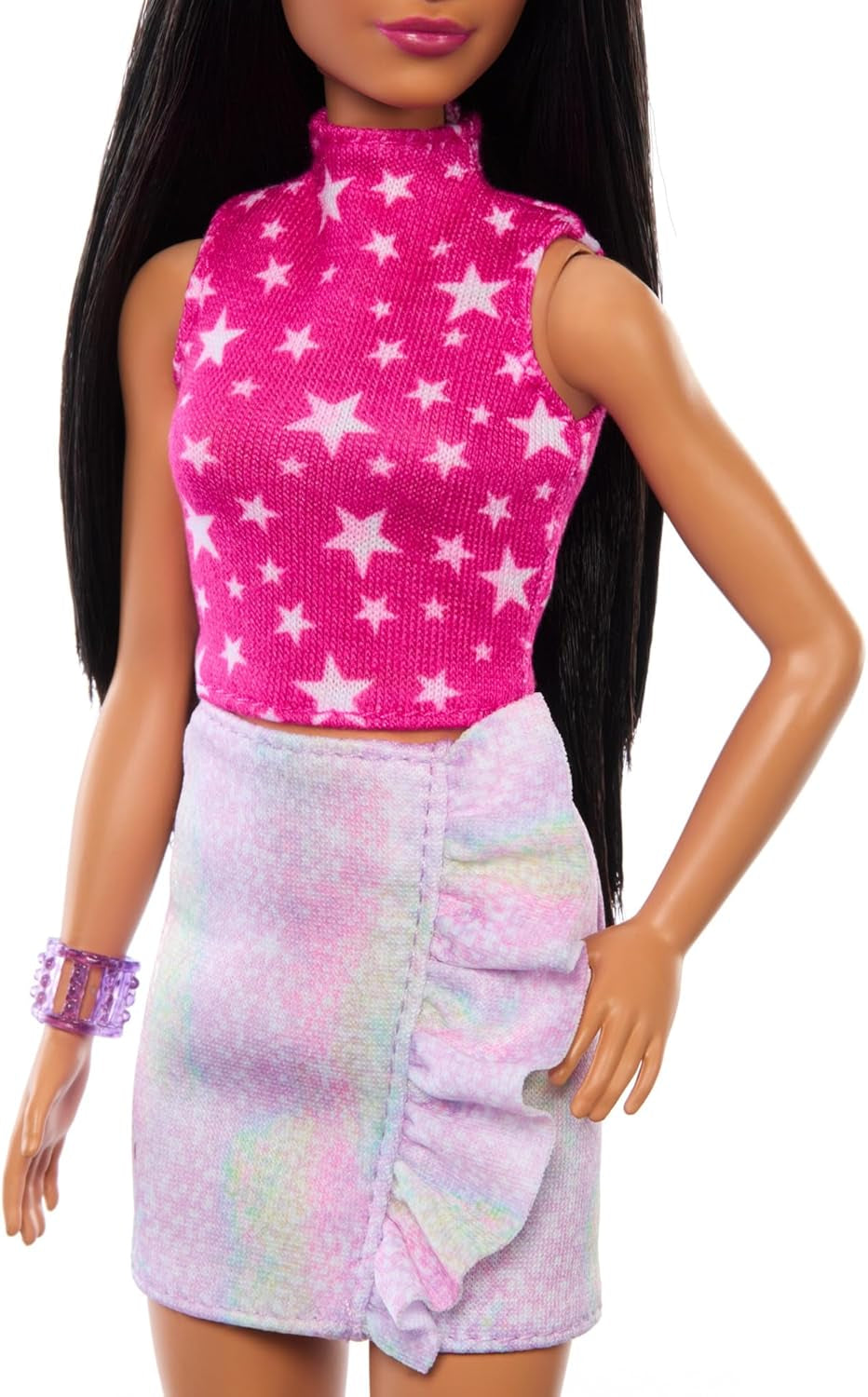 Lalka Barbie Fashionistas nr. 215 z prostymi czarnymi włosami, różową bluzką w gwiazdki i opalizującą spódnicą, kolekcjonerska lalka modowa z okazji 65. rocznicy, HRH13
