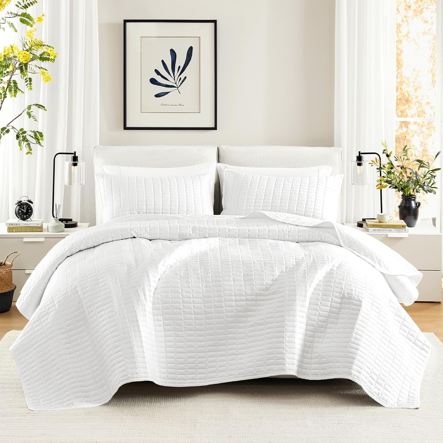Zestaw kołder Comfort Spaces Kienna, luksusowe podwójne szwy, koc letni, lekki, miękki, pościel całoroczna, dopasowana poszewka na poduszkę, biały, koc na łóżko king size (264,2 x 228,6 cm), kołdry i kołdry Naty Shop Garden White/Bogate Quilt King/Cal King (104"X90")