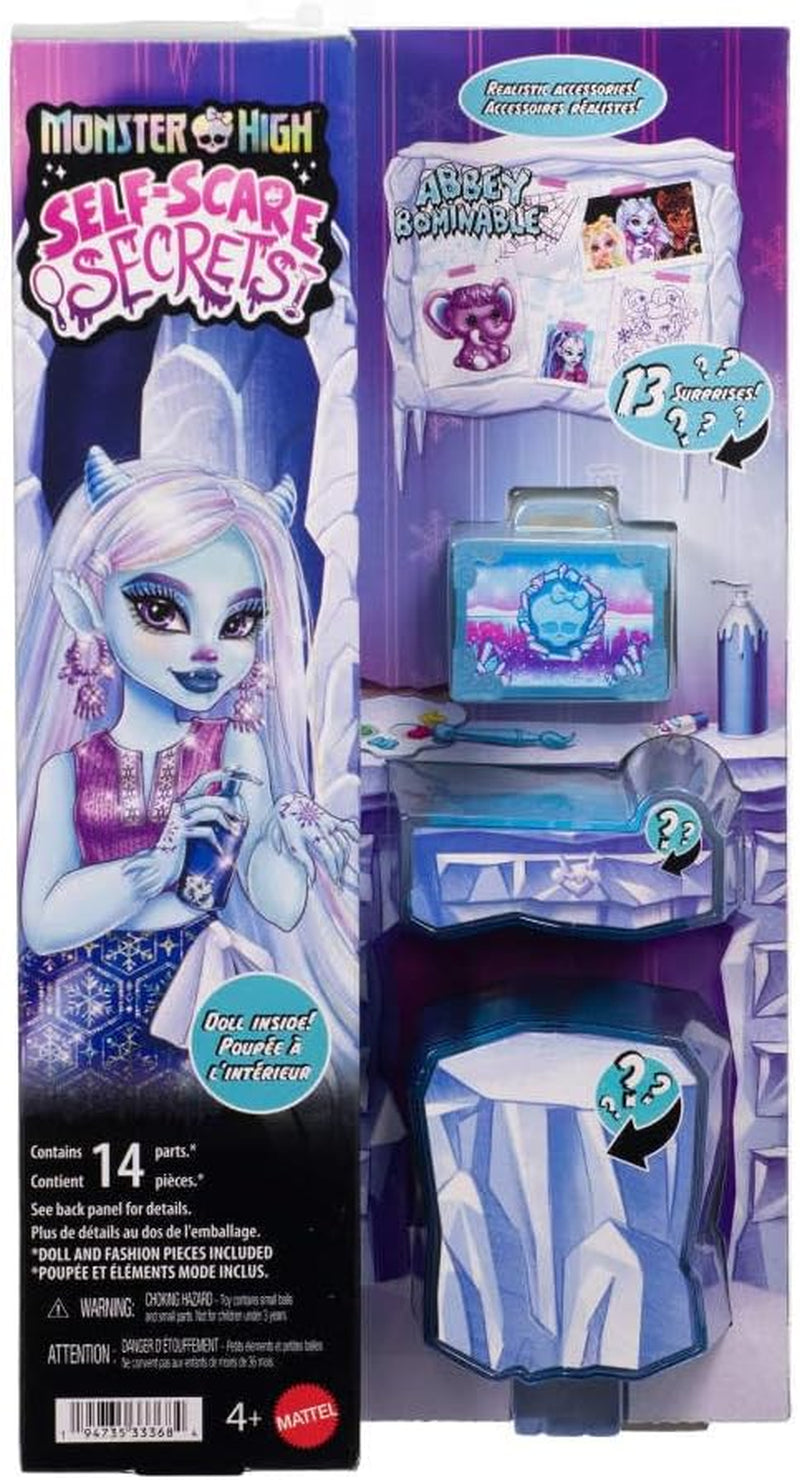 Monster High Self-Scare Secrets Abbey Bominable Lalka i zestaw akcesoriów z 13 realistycznymi niespodziankami, takimi jak henna, rysunki i szydełko JHK44