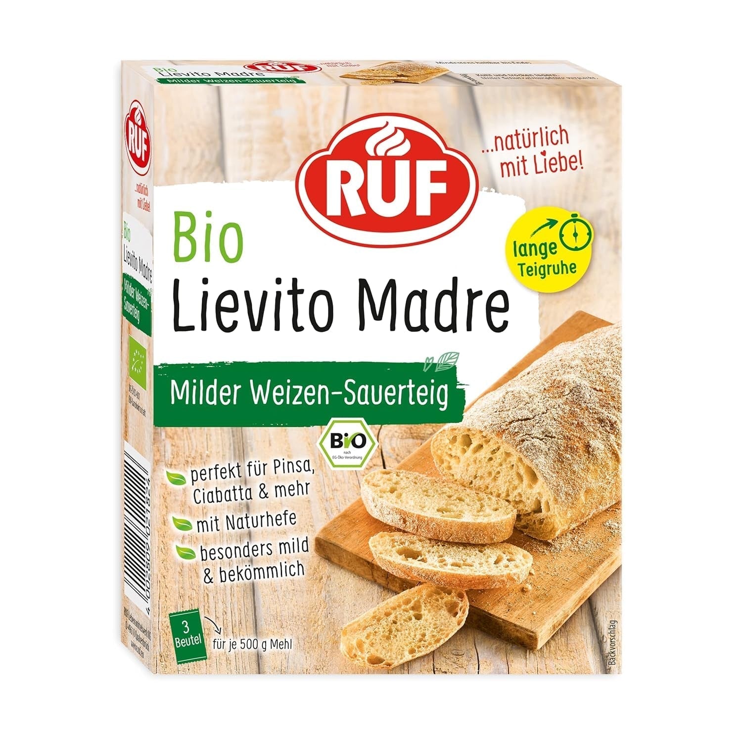 RUF Lievito Madre Sauerteig, Milder Weizen-Sauerteig, Mutterteig, Kurze Teigruhe Durch Enthaltene Trockenhefe, Lievito Madre Getrocknet Für Brot, Baguette, Focaccia, 3X35G Mieszanka do pieczenia i gotowania Naty Shop 105 G (1Er Pack) Lange Teigruhe
