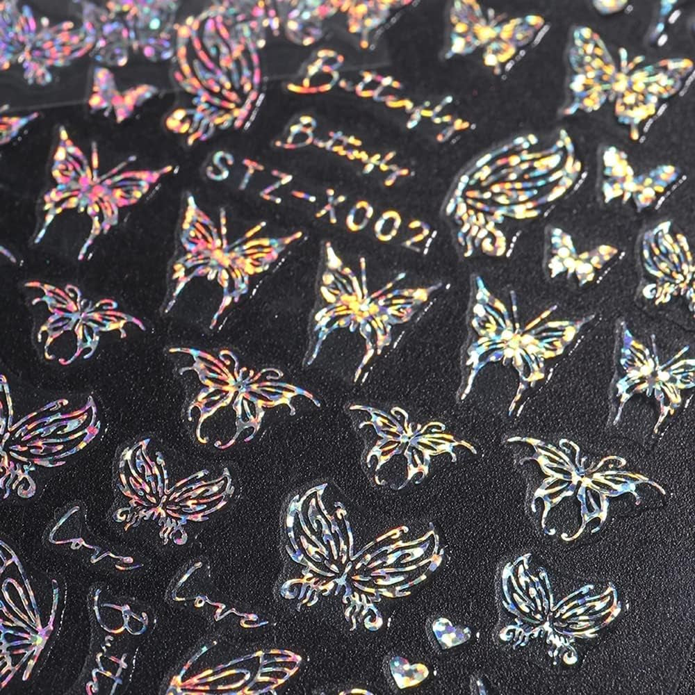 6 Blatt Schmetterling Nagelsticker Selbstklebend Laser Silber Schmetterlings Nagelaufkleber 3D Aurora Silber Schwarz Schmetterlinge Nagel Naklejki Frühling Nageldesign Naklejka na paznokcie Nail Art Zubehör