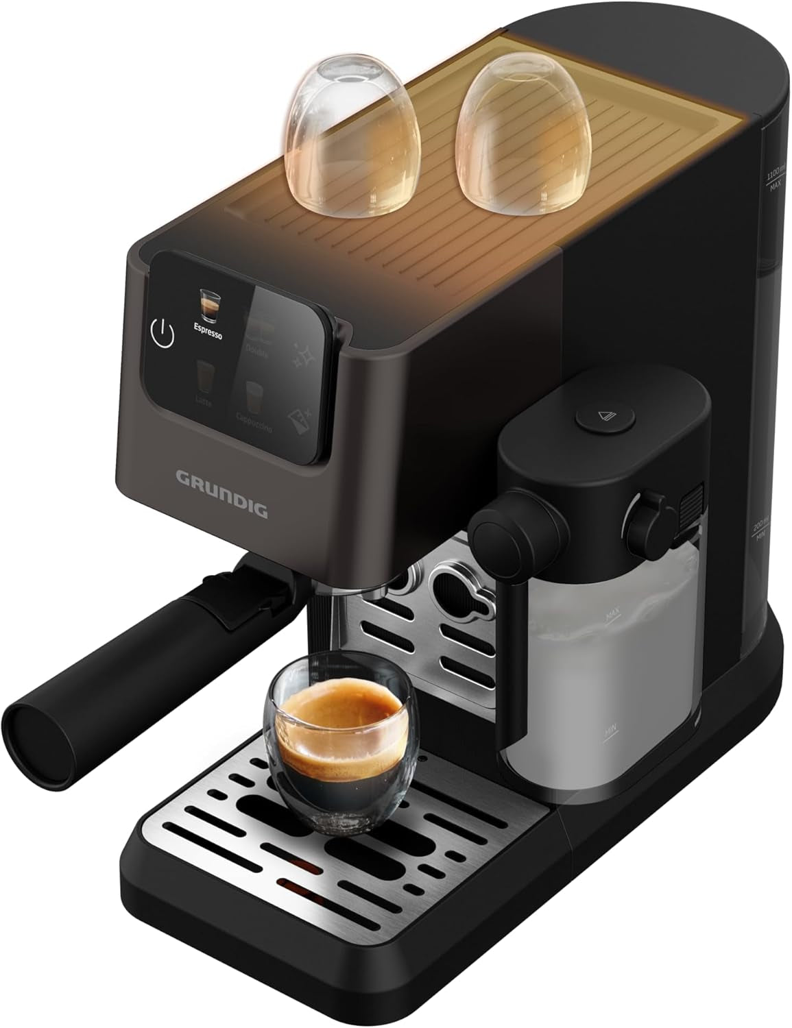 Ekspres do kawy z kolbą GRUNDIG KSM 5330 ze zintegrowanym pojemnikiem na mleko, moc 1628 W, ciśnienie pompy 15 bar, podwójna dysza, kolorowy wyświetlacz dotykowy, BrewSense, CreamyPro, Ciemna stal nierdzewna/Czarny