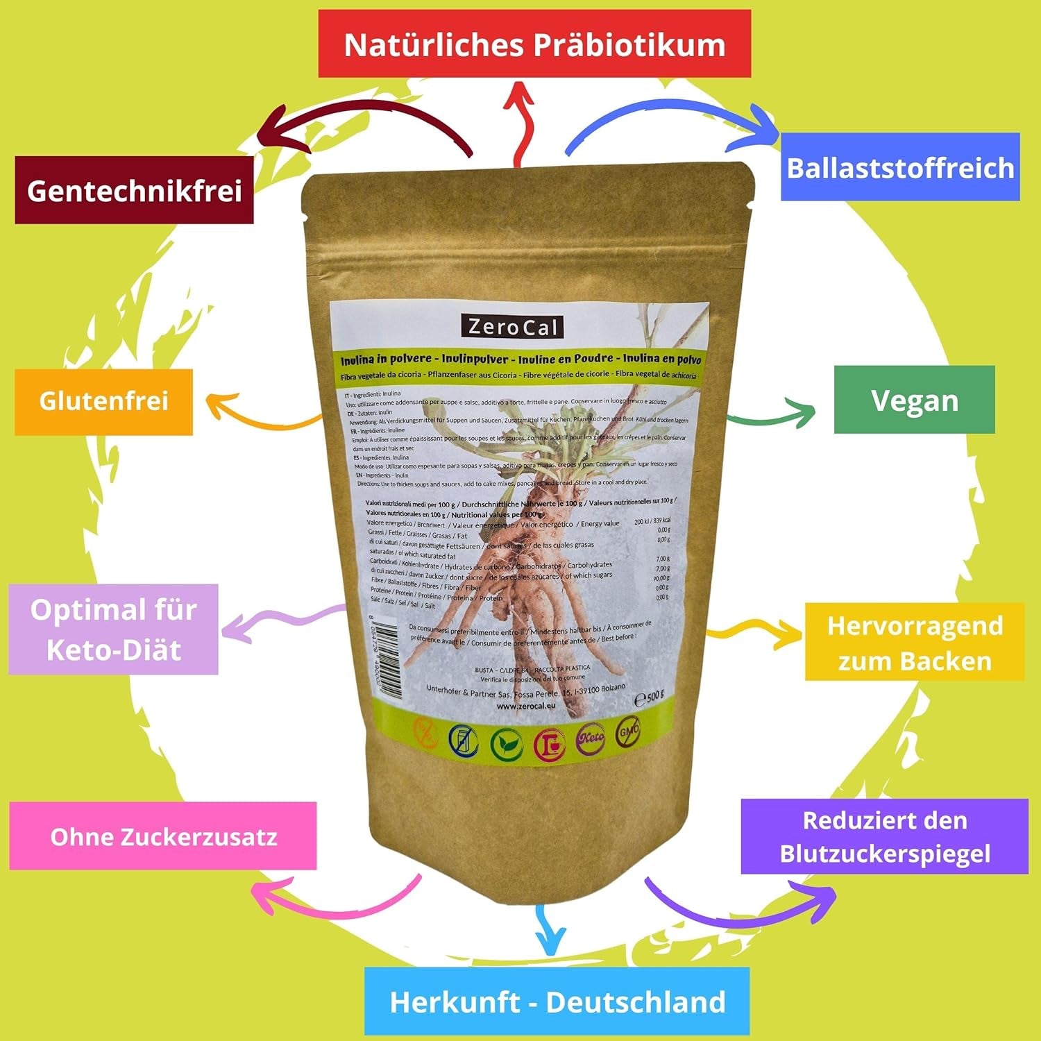 Zerocal - Proszek Inuliny Z Cykorii-Wurzel 500 G | Inulina Mit Hohem Balaststoffgehalt | 100% wegańskie i bezglutenowe | Herkunft Deutschland Słodziki Naty Shop