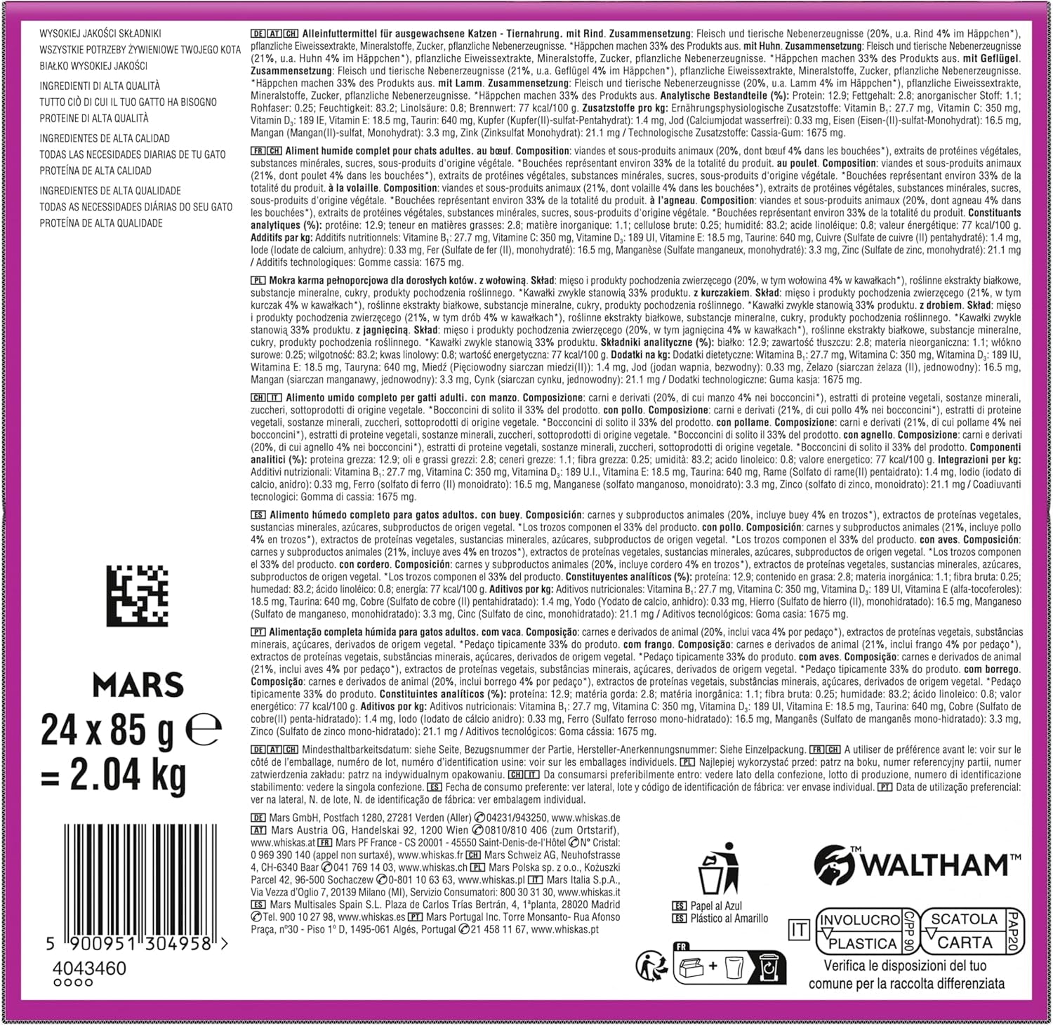 WHISKAS PURE DELIGHT Karma mokra w galarecie 24 x 85g Classic Ragout (4 opakowania) 48 porcji saszetek