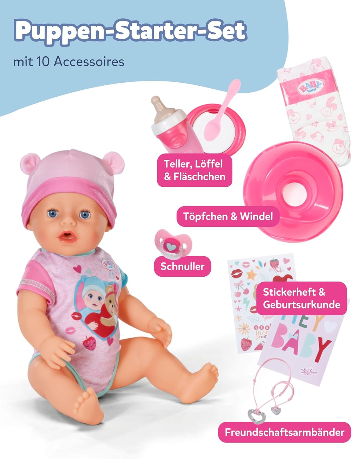 BABY Born Emma - laleczka bobas 43 cm - 10 funkcji, w tym akcesoria i materacyk - W pełni działa bez baterii - Odpowiednia dla dzieci w wieku od 3 lat