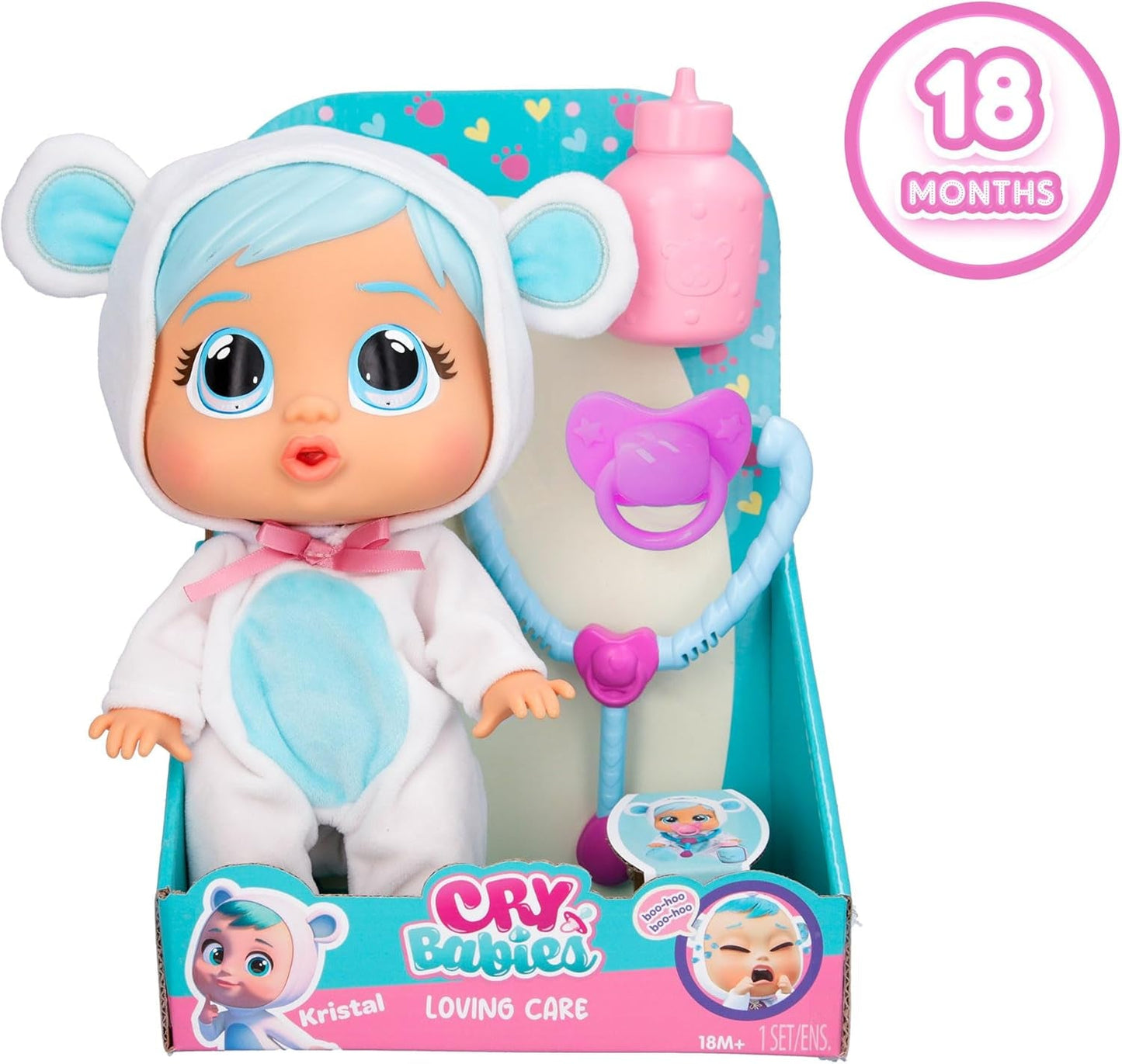 Cry Babies Loving Care Kristal Doll, Kristal Loving Care Baby Doll z 3 akcesoriami do zabawy w lekarza, opieki pielęgniarskiej, płaczu prawdziwymi łzami, zabawka dla 18-miesięcznego dziecka