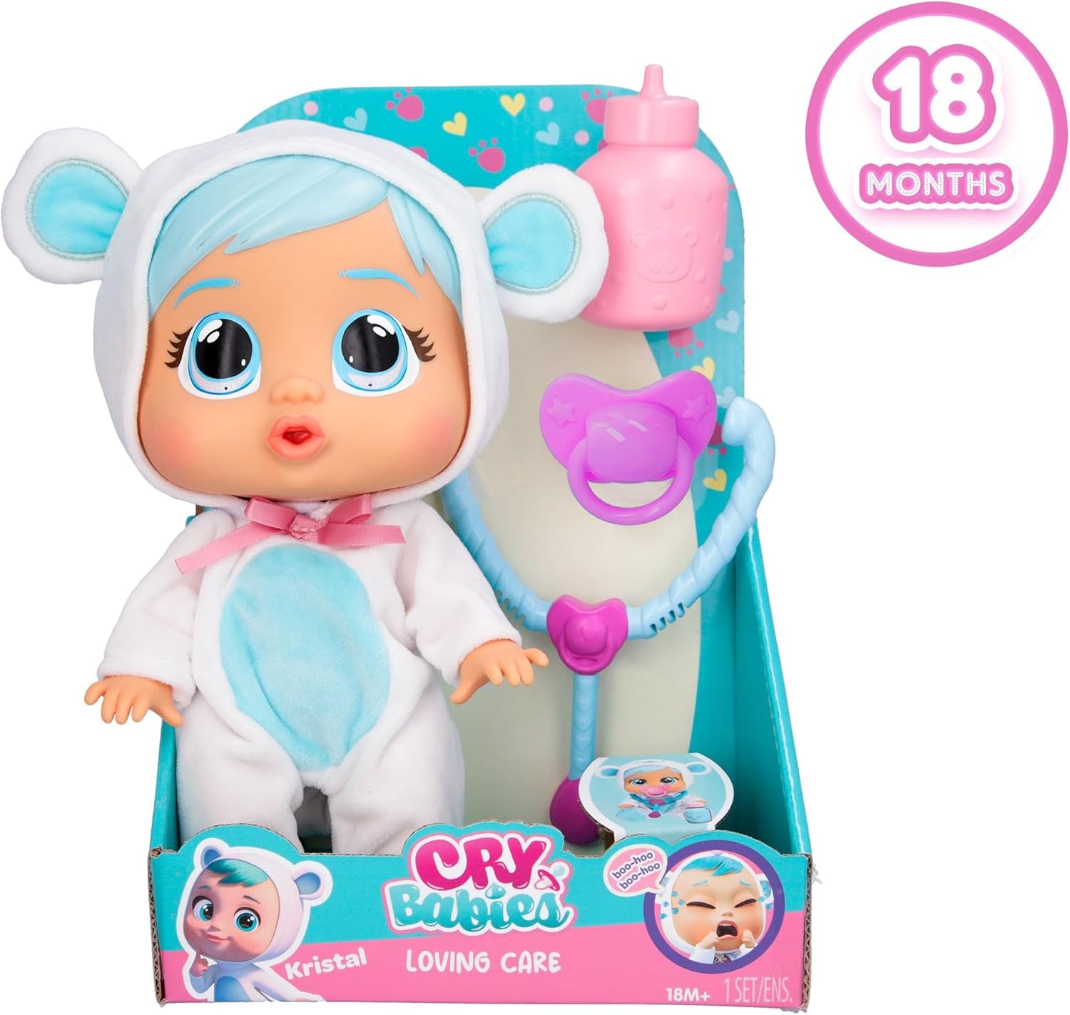 Cry Babies Loving Care Kristal Doll, Kristal Loving Care Baby Doll z 3 akcesoriami do zabawy w lekarza, opieki pielęgniarskiej, płaczu prawdziwymi łzami, zabawka dla 18-miesięcznego dziecka
