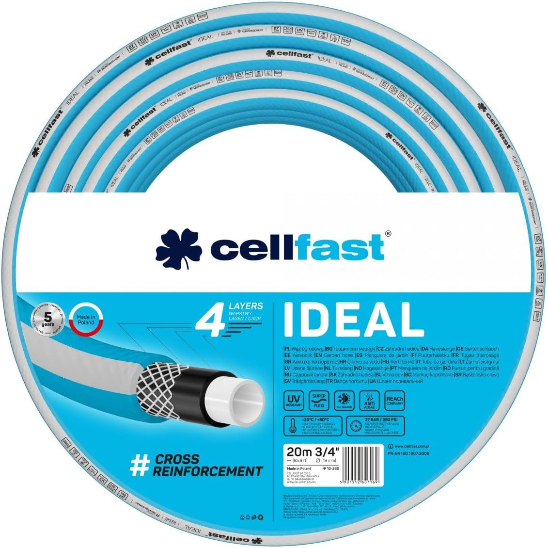 Wąż ogrodowy Cellfast IDEAL, trwały, elastyczny, 4 warstwy, trwały oplot krzyżowy, odporny na promieniowanie UV i glony, technologia REACH, 27 bar, -20/+60° krótkoterminowo 3/4", 20 m
