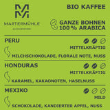 Zestaw próbek kawy organicznej Martermühle 3x250g jasna/średnia moc I Arabica I Całe organiczne ziarna kawy lekko palone, o niskiej kwasowości (68/74/426)