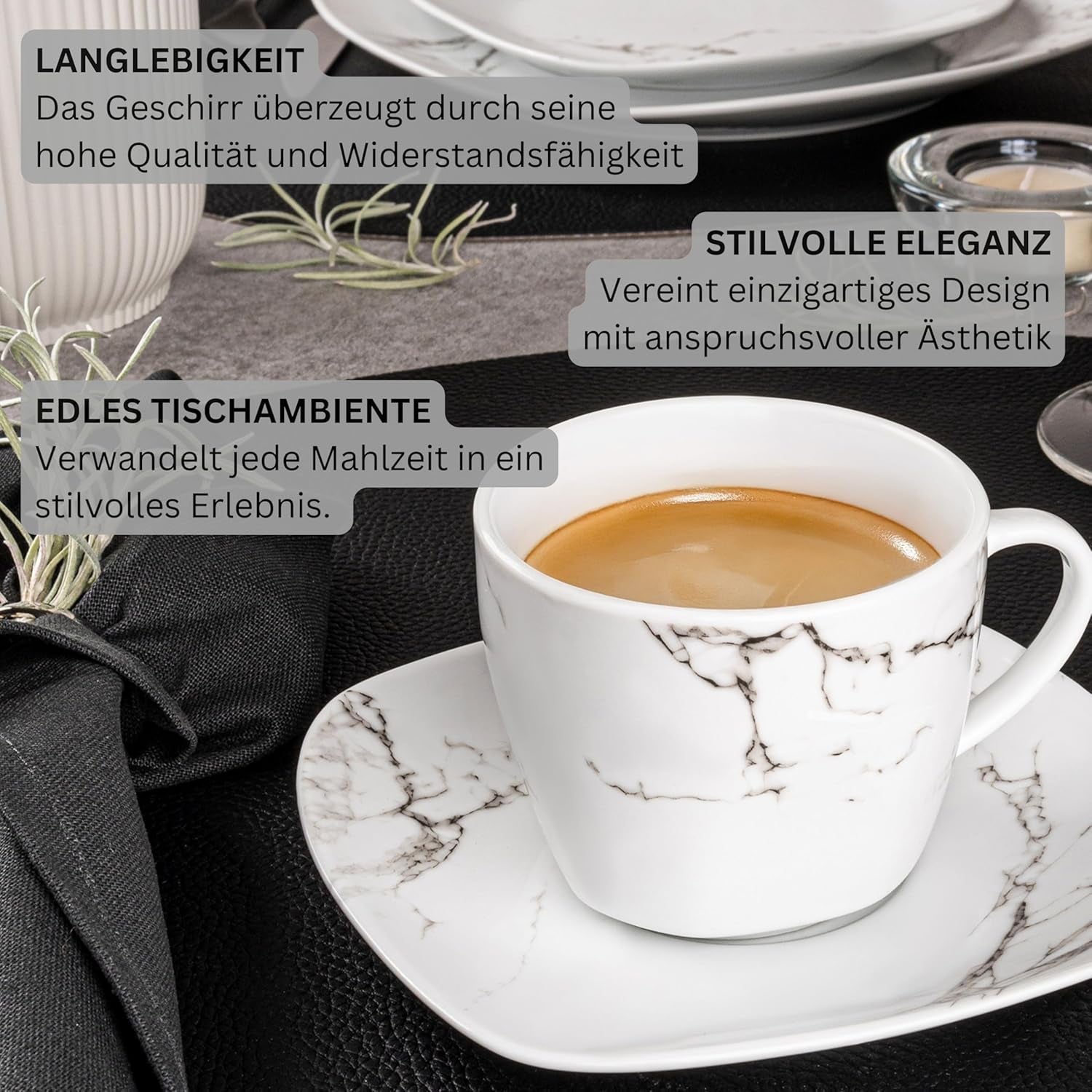 SANGER | Bilgola Marmurowy zestaw naczyń obiadowych 36-częściowy zestaw obiadowy dla 6 osób: talerze obiadowe, talerze deserowe, talerze suma, miseczki na płatki zbożowe, talerze do kawy i spodki porcelanowe, kwadratowe | KOLEKCJA PREMIUM