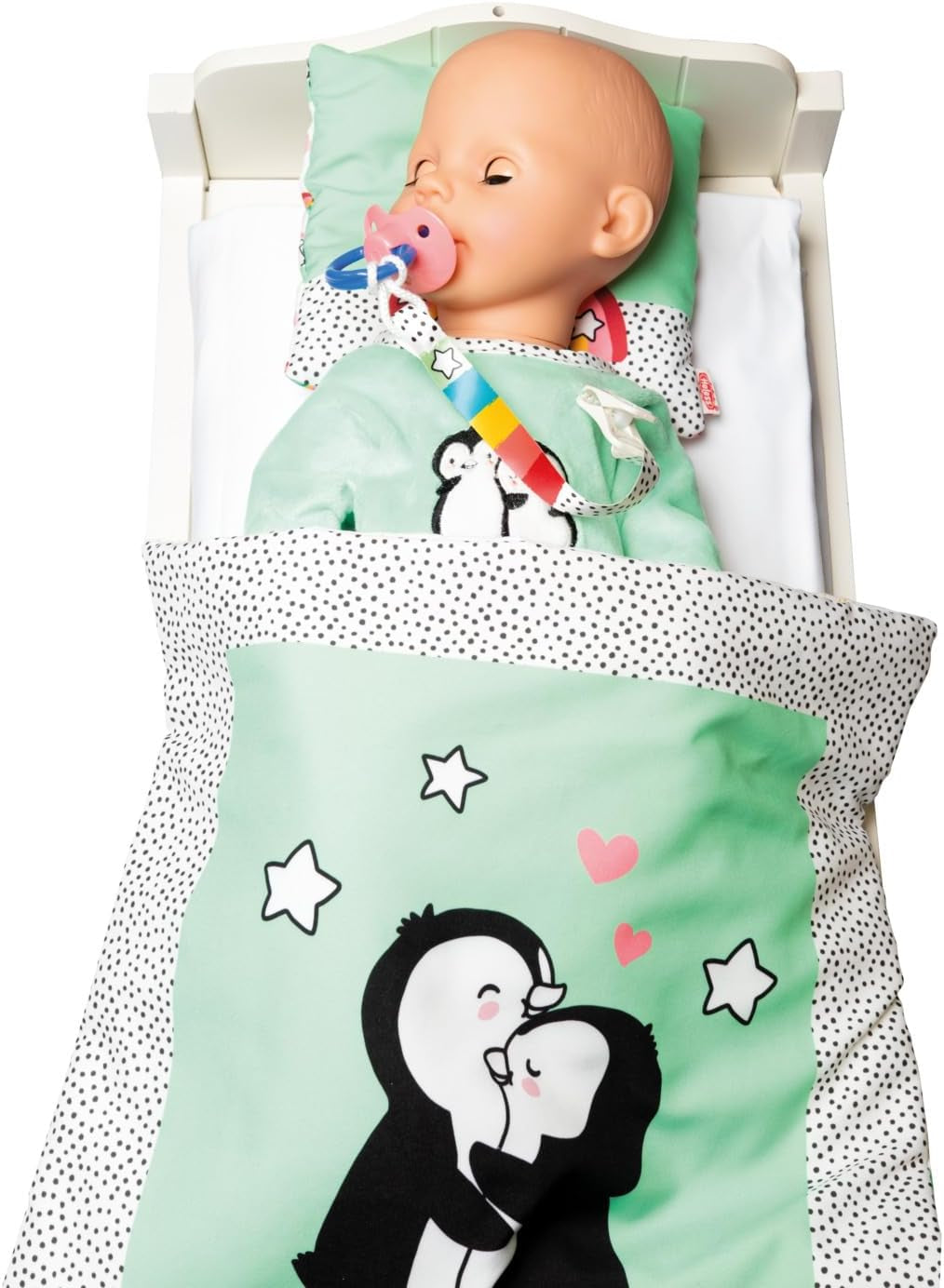 Heless 1181 - Kombinezon dla lalek w kropki w kształcie pingwina wykonany z miękkiego weluru z wysokiej jakości haftem Rozmiar 28-35cm