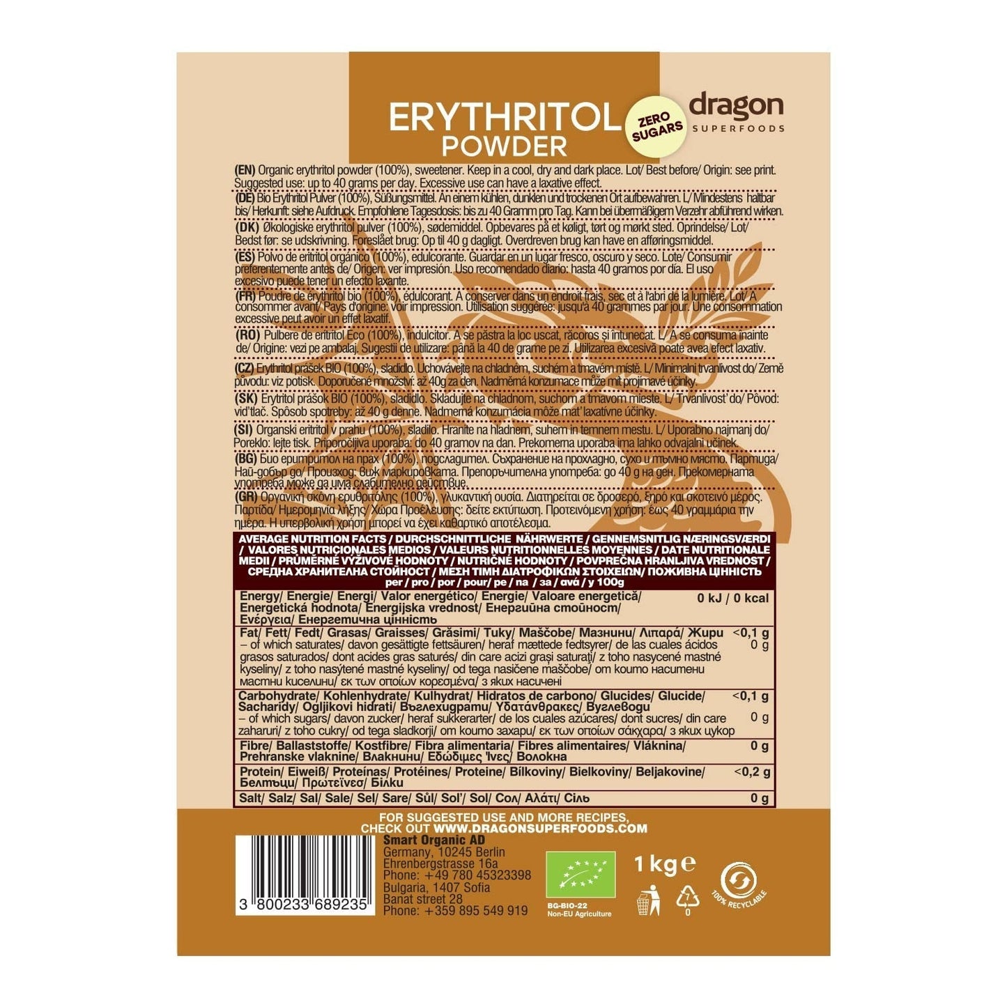 Bio Erytryt - Proszek, 100% Bio, Wegański, Null Kalorien - 1Kg Słodziki Naty Shop