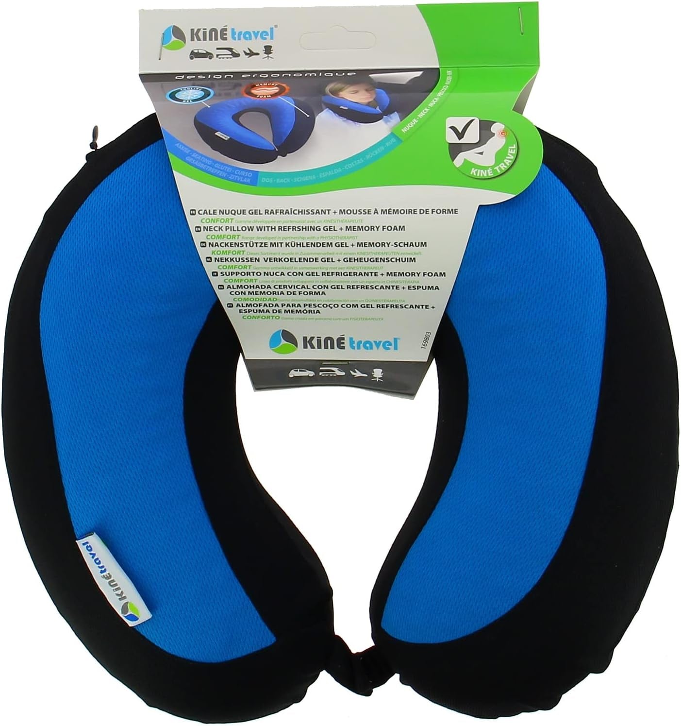 Kine Travel 169803 Żelowa poduszka pod szyję Zatwierdzona przez fizjoterapeutę Ergonomiczna poduszka podróżna Czarno-niebieskie poduszki podróżne Naty Shop