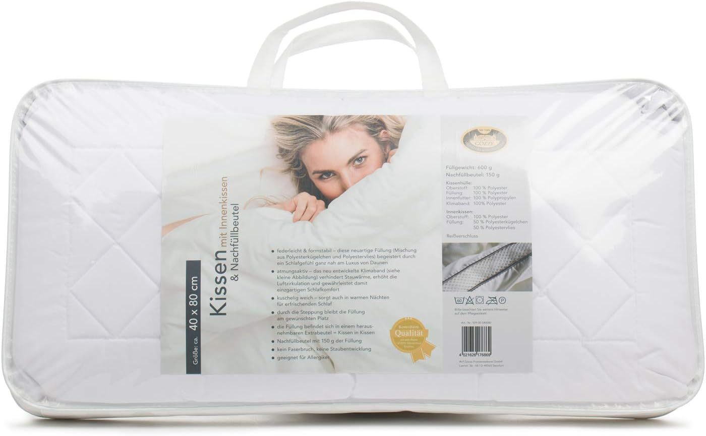 Gözze - Poduszka z poduszką wewnętrzną 150G i taśmą klimatyczną, w zestawie worek uzupełniający, 40 x 80 cm - Standardowe poduszki White Naty Shop