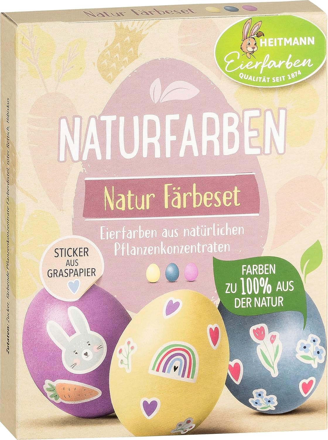 Zestaw naturalnych barwników Heitmann Egg Dye, 3 proszki barwnika do jaj (żółty, fioletowy, szaro-niebieski), arkusz naklejek z papieru z trawy