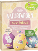 Zestaw naturalnych barwników Heitmann Egg Dye, 3 proszki barwnika do jaj (żółty, fioletowy, szaro-niebieski), arkusz naklejek z papieru z trawy