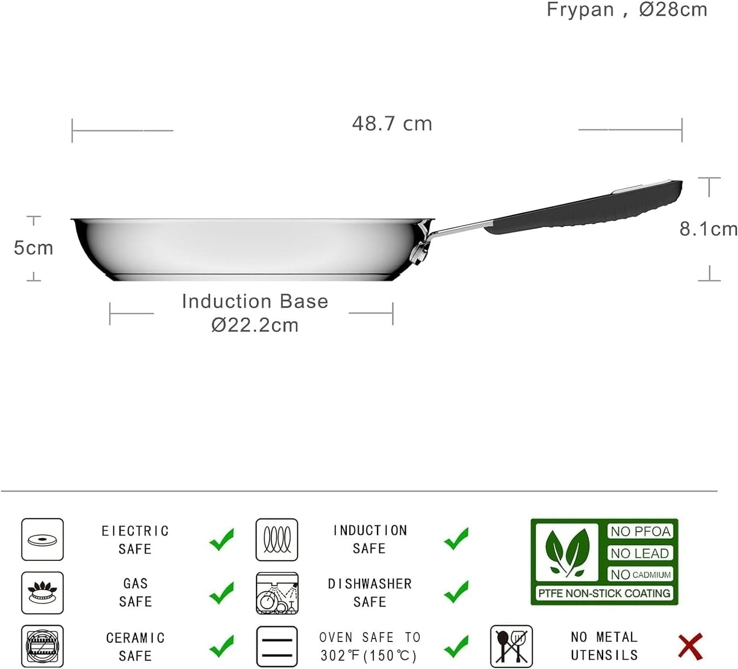 Patelnia ze stali nierdzewnej z powłoką nieprzywierającą - odpowiednia na indukcję, z wygodnym uchwytem - Garnki i patelnie 28 cm Naty Shop