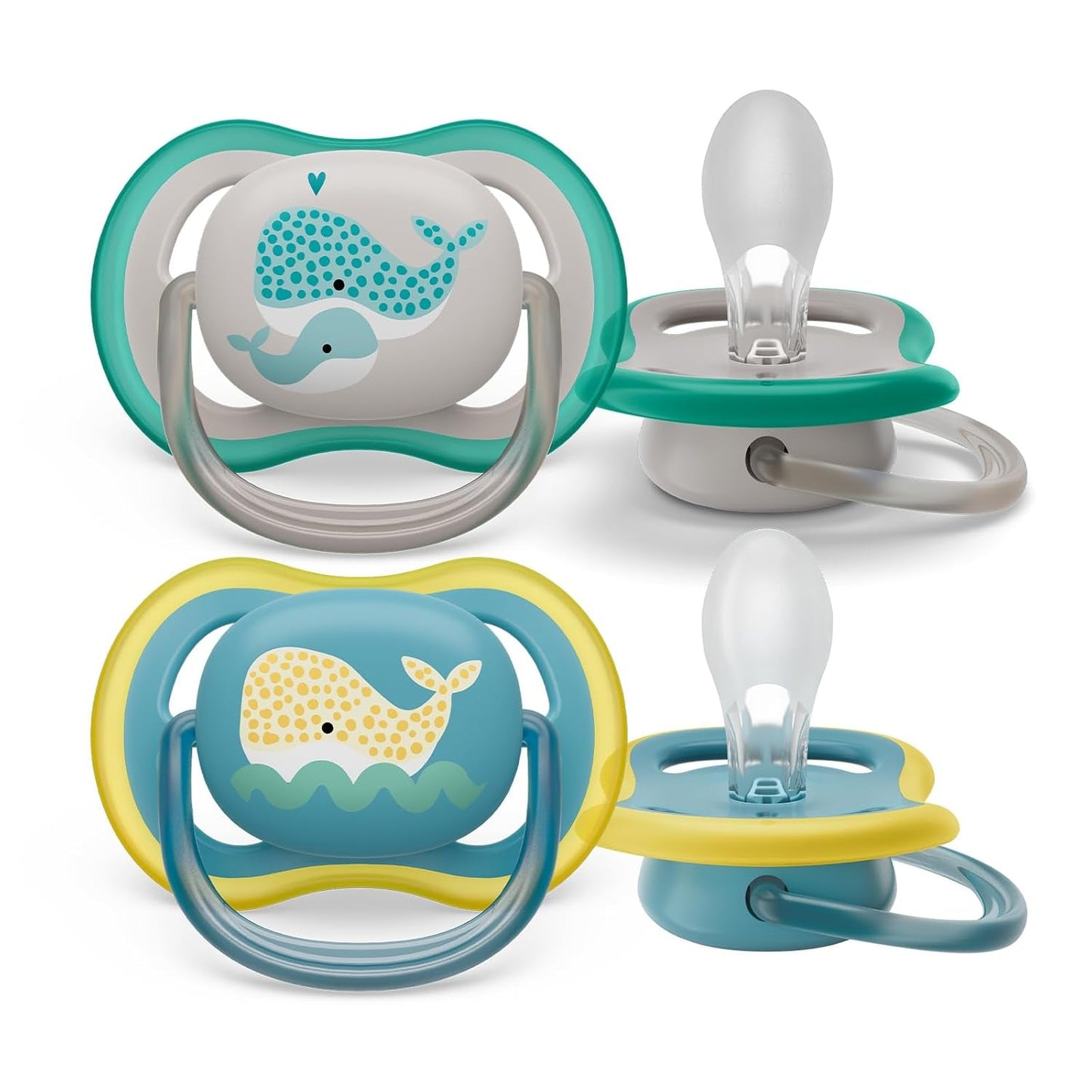Smoczek Philips Avent Ultra Air – zestaw 2 oddychających smoczków niezawierających BPA dla dzieci od 18 miesiąca życia, zawierający etui i sterylizację, Whale/Whale (Model SCF349/24)