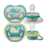 Smoczek Philips Avent Ultra Air – zestaw 2 oddychających smoczków niezawierających BPA dla dzieci od 18 miesiąca życia, zawierający etui i sterylizację, Whale/Whale (Model SCF349/24)