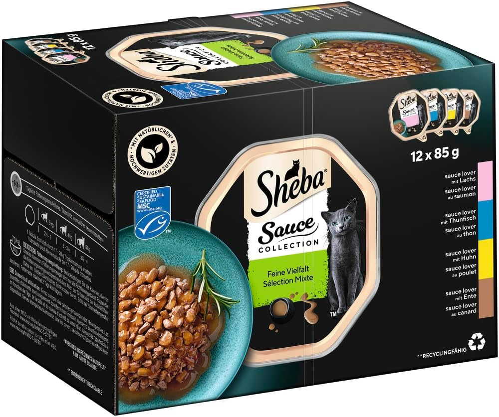 Opakowanie zbiorcze tacki do zbierania sosów Sheba, drobna odmiana MSC, 4x12x85g
