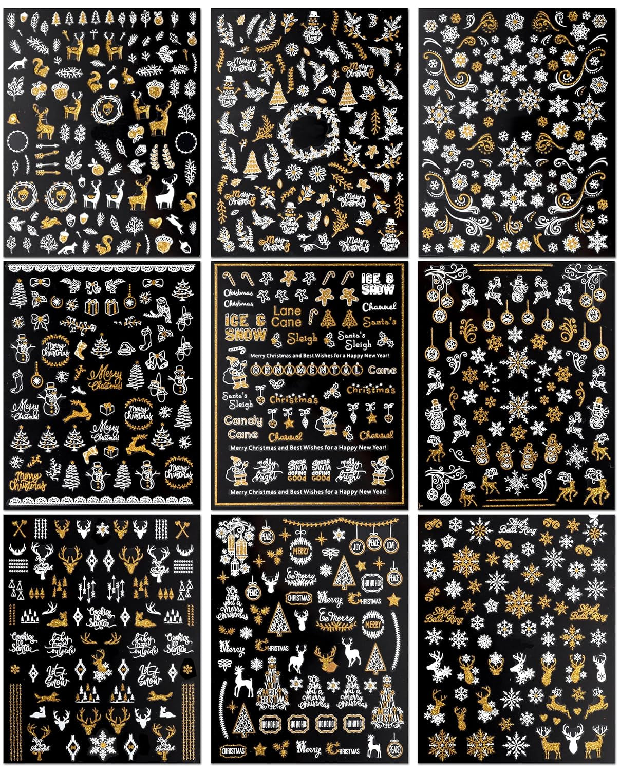 JMEOWIO Nagelsticker Weihnachten 9 Blatt Nail Art Naklejka Selbstklebend Nagelaufkleber Schneeflocke Schneemann Festival Weißes Gold Dekoration Nageldesign Zubehör