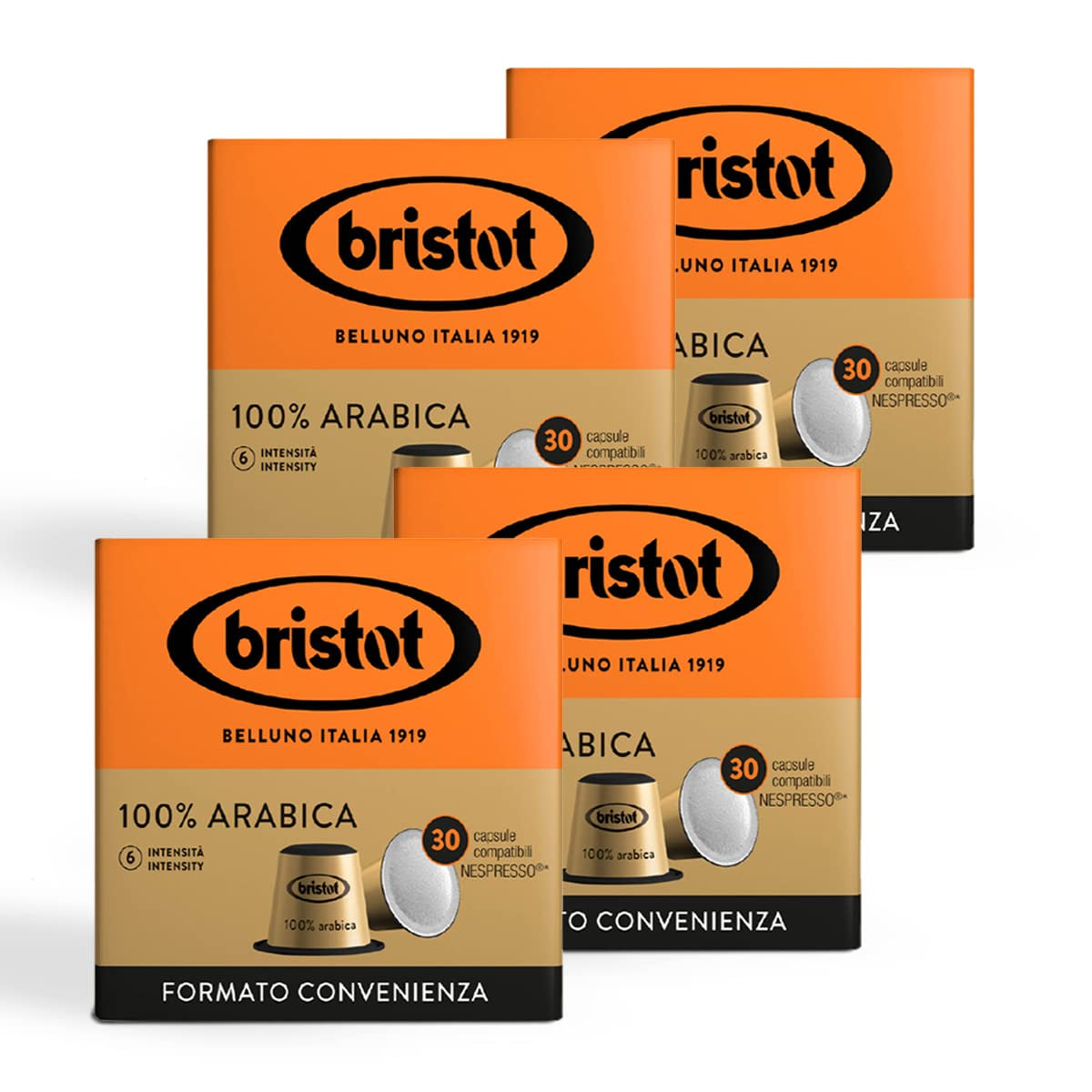 Bristot, kawa 100% Arabica – 120 kapsułek kompatybilnych z Nespresso – Kaffeemischung aus Mittelamerika und Brasilien, Schokolade und Trockenfrüchtenoten – 4 Packungen na 30 kapsułek