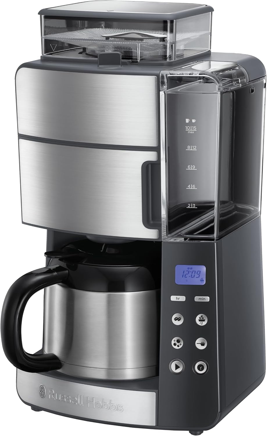 Ekspres do kawy Russell Hobbs z młynkiem i dzbankiem termicznym [cyfrowy timer, słuchawka prysznicowa dla optymalnej ekstrakcji i aromatu] Grind&Brew (1–10 filiżanek, 3 poziomy mielenia) Filtrowy ekspres do kawy 25620-56