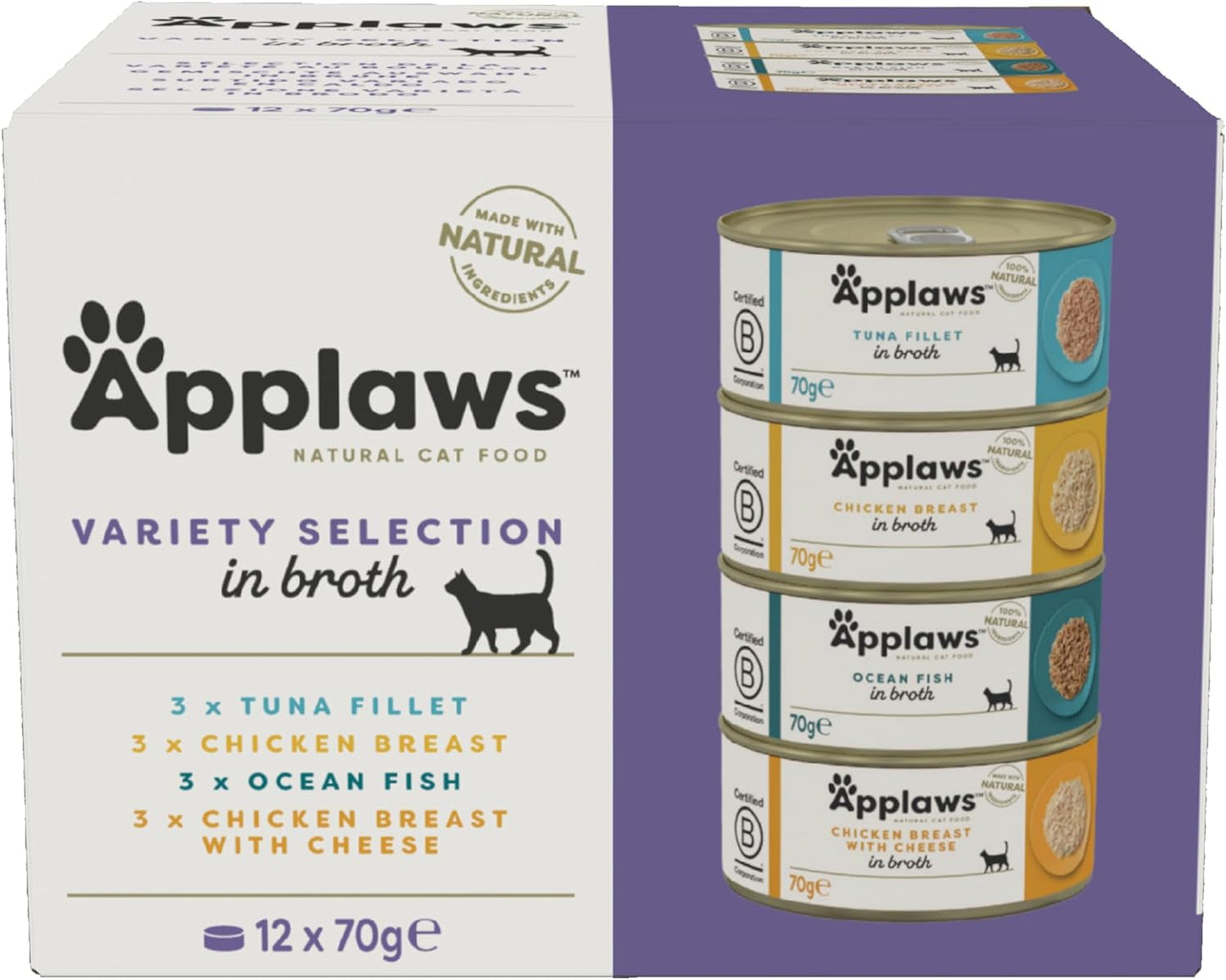 Applaws 100% naturalna mokra karma premium premium dla dorosłych kotów w bulionie - tuńczyk, kurczak, owoce morza, mieszanka mieszana w bulionie - opakowanie 12 puszek x 70g