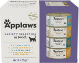 Applaws 100% naturalna mokra karma premium premium dla dorosłych kotów w bulionie - tuńczyk, kurczak, owoce morza, mieszanka mieszana w bulionie - opakowanie 12 puszek x 70g