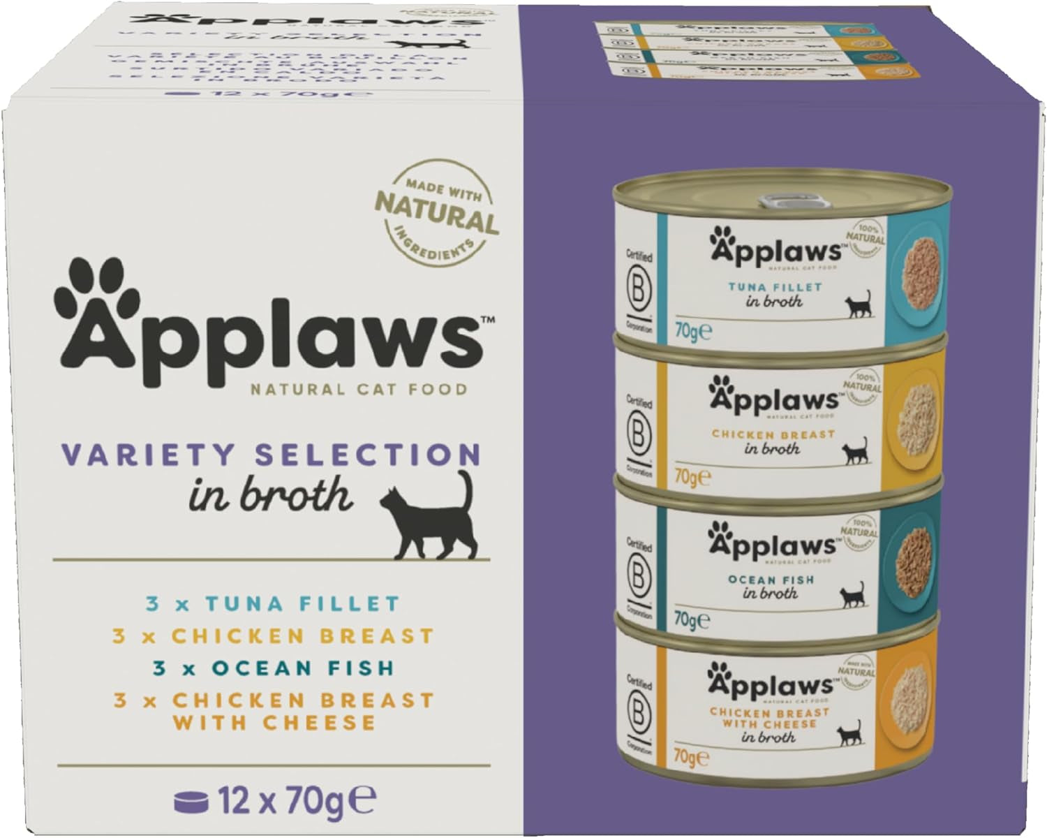 Applaws 100% naturalna mokra karma premium premium dla dorosłych kotów w bulionie - tuńczyk, kurczak, owoce morza, mieszanka mieszana w bulionie - opakowanie 12 puszek x 70g