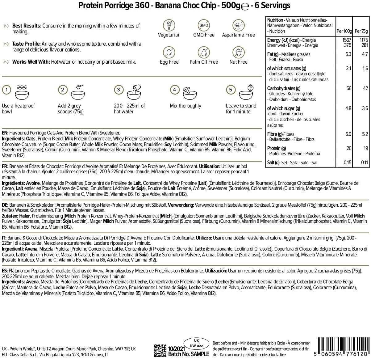 Protein Works - Owsianka białkowa 360 | Mit Dodatkowe witaminy i minerały | Proteinreiches Frühstück | Kalorienarme Haferflocken | 6 porcji | Chips Bananowo-Czekoladowy | Sklep z płatkami zbożowymi 500 g Naty