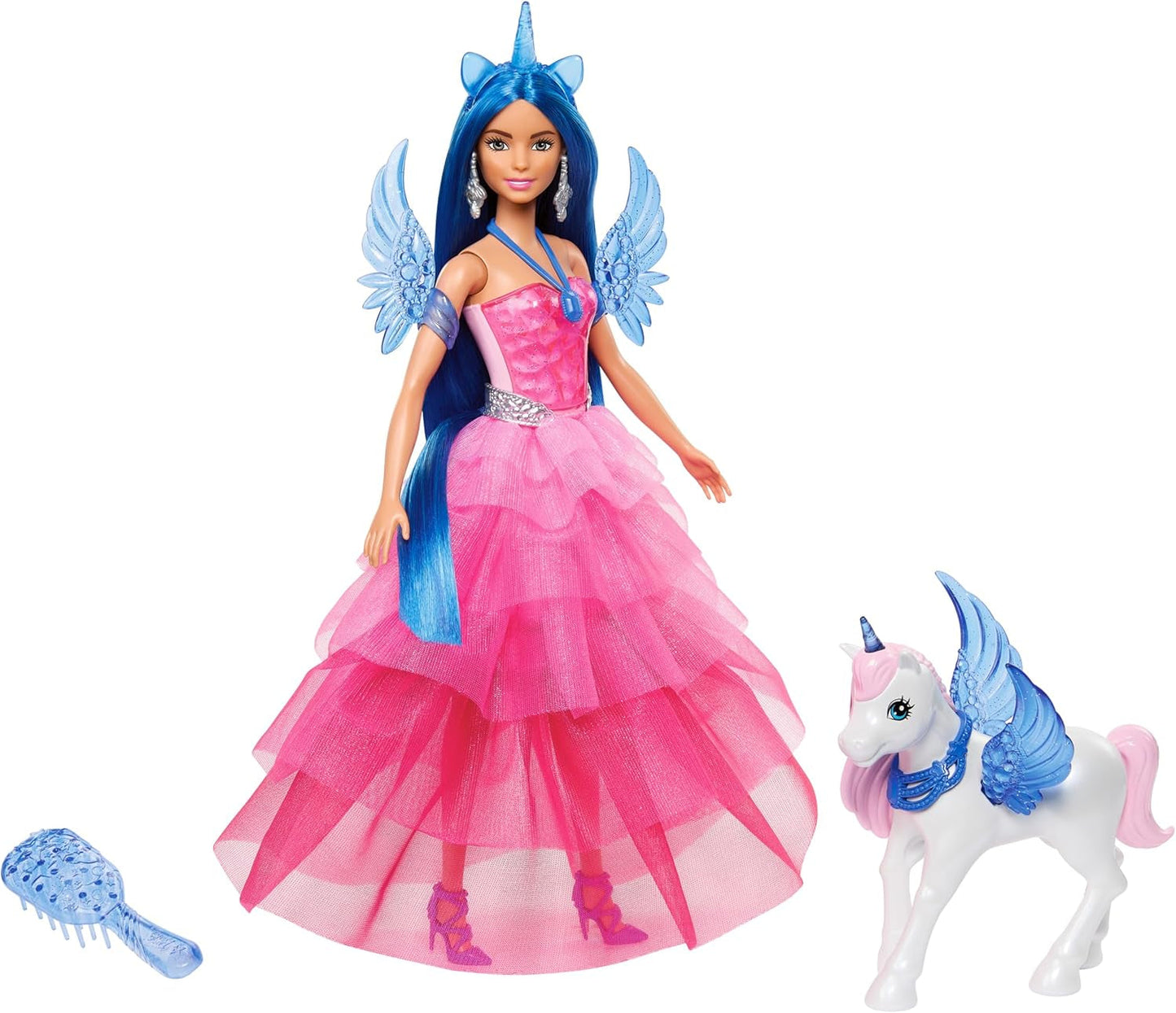 Barbie Ukryta Magia - lalka jednorożec, różowa sukienka z szafirowymi detalami, opaska jednorożca, odpinane szafirowe skrzydła i ogon, od 3 lat, HRR16