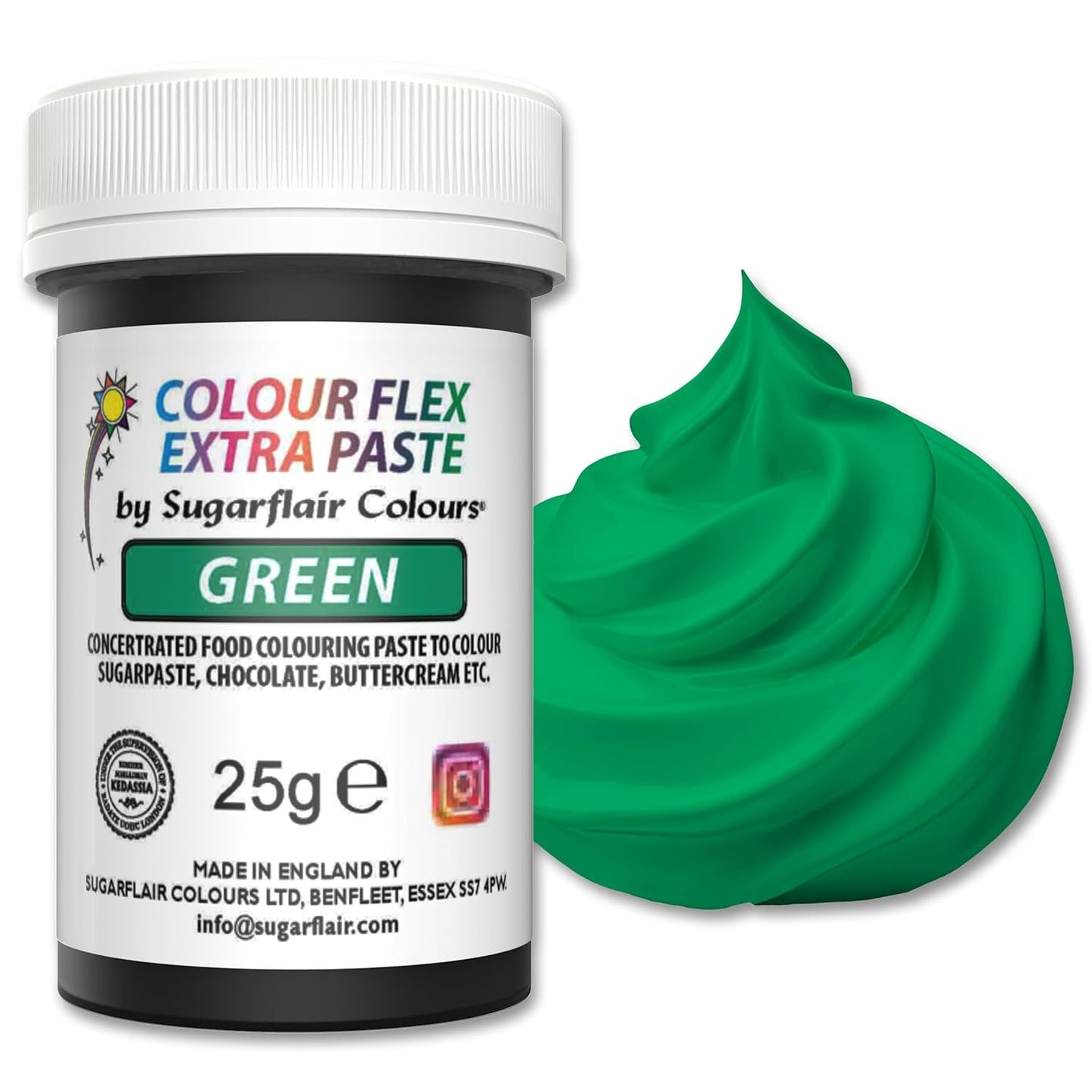 Sugarflair Colourflex Extra Paste Verde barwnik spożywczy - Jadalny barwnik spożywczy do śmietany, czekolady, pasty cukrowej, lukru, kremówki, mieszanek do ciast, ciast i nie tylko - 25g