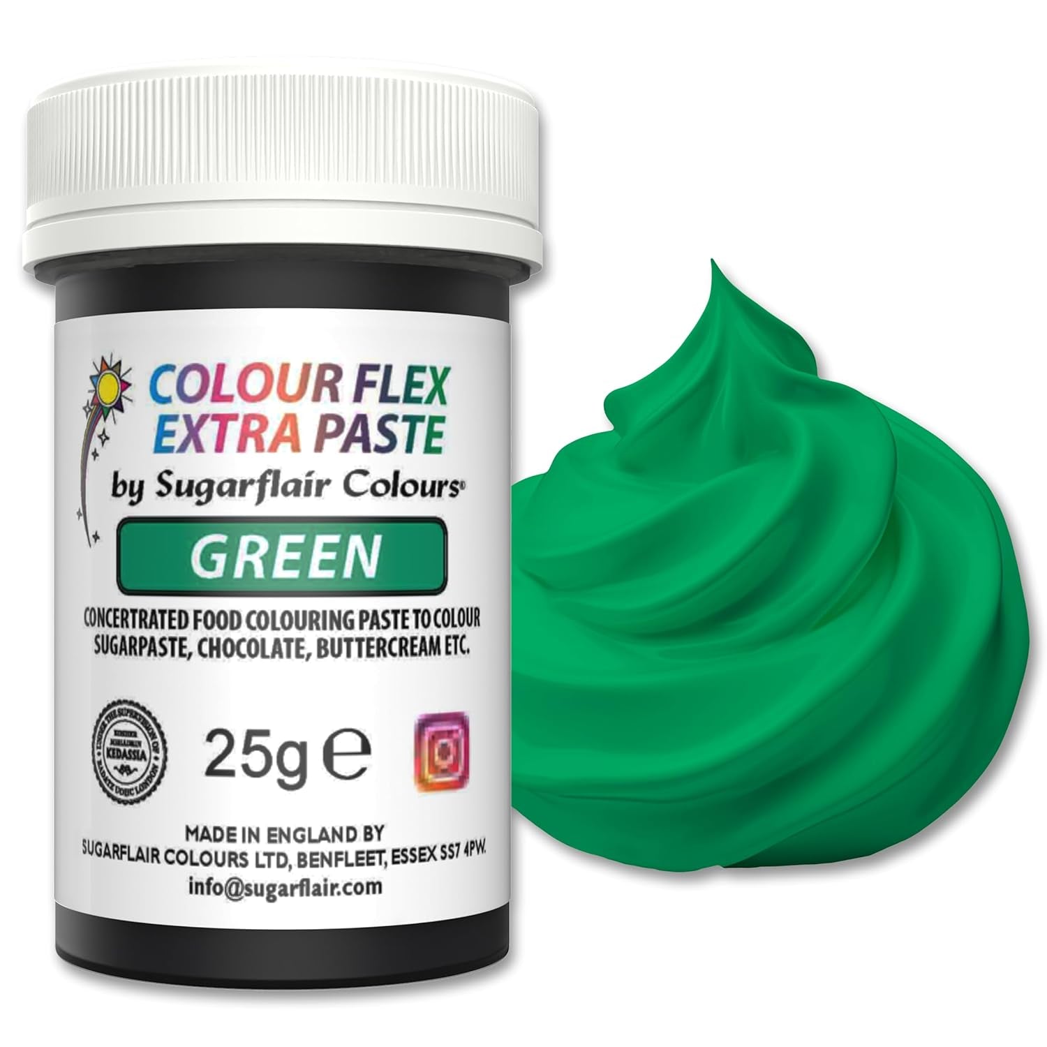 Sugarflair Colourflex Extra Paste Verde barwnik spożywczy - Jadalny barwnik spożywczy do śmietany, czekolady, pasty cukrowej, lukru, kremówki, mieszanek do ciast, ciast i nie tylko - 25g