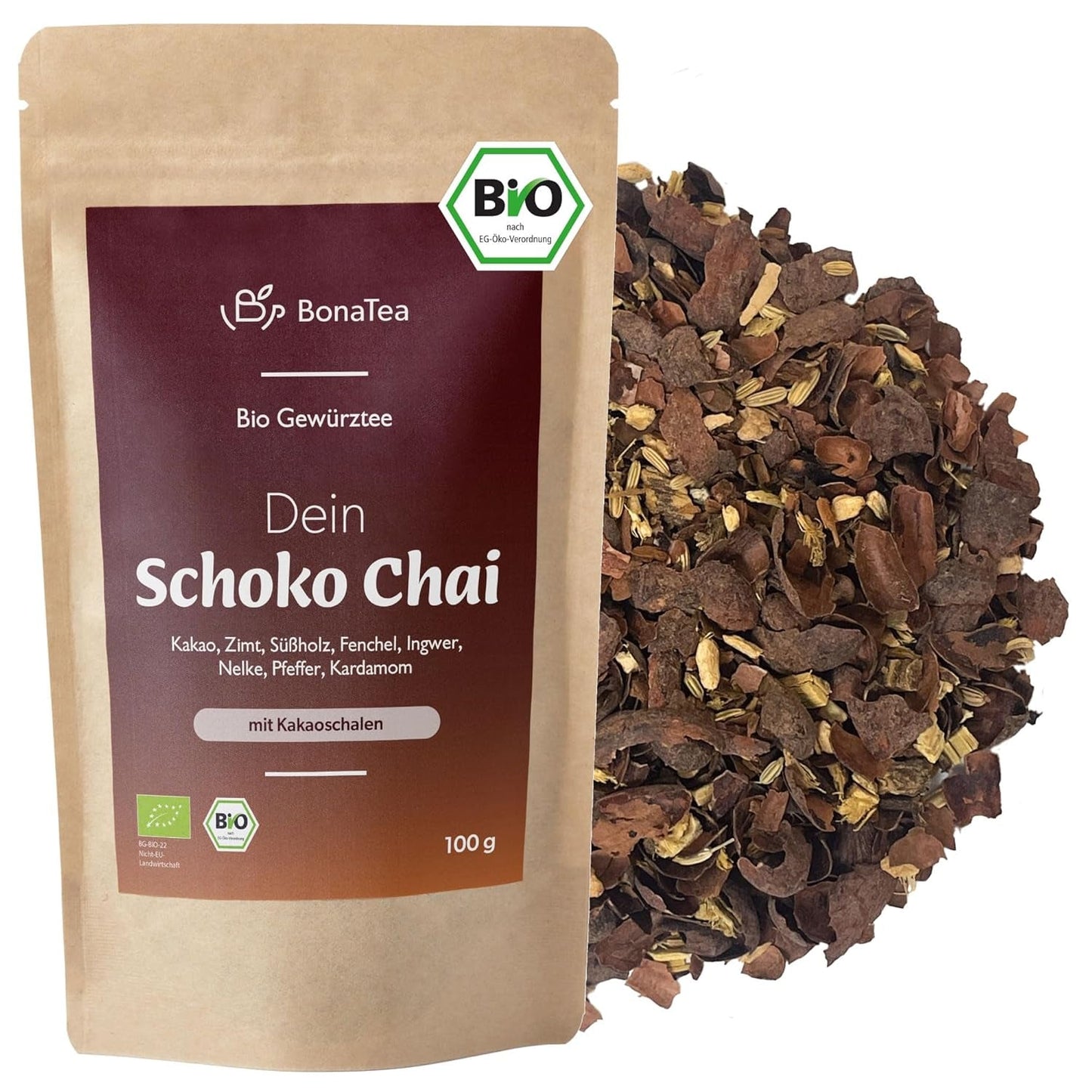 BIO Schoko Chai Herbata przyprawiona bez cukru, z ziarenkami kakao, cynamonem, lukrecją i innymi aromatycznymi przyprawami Chai, 100 g