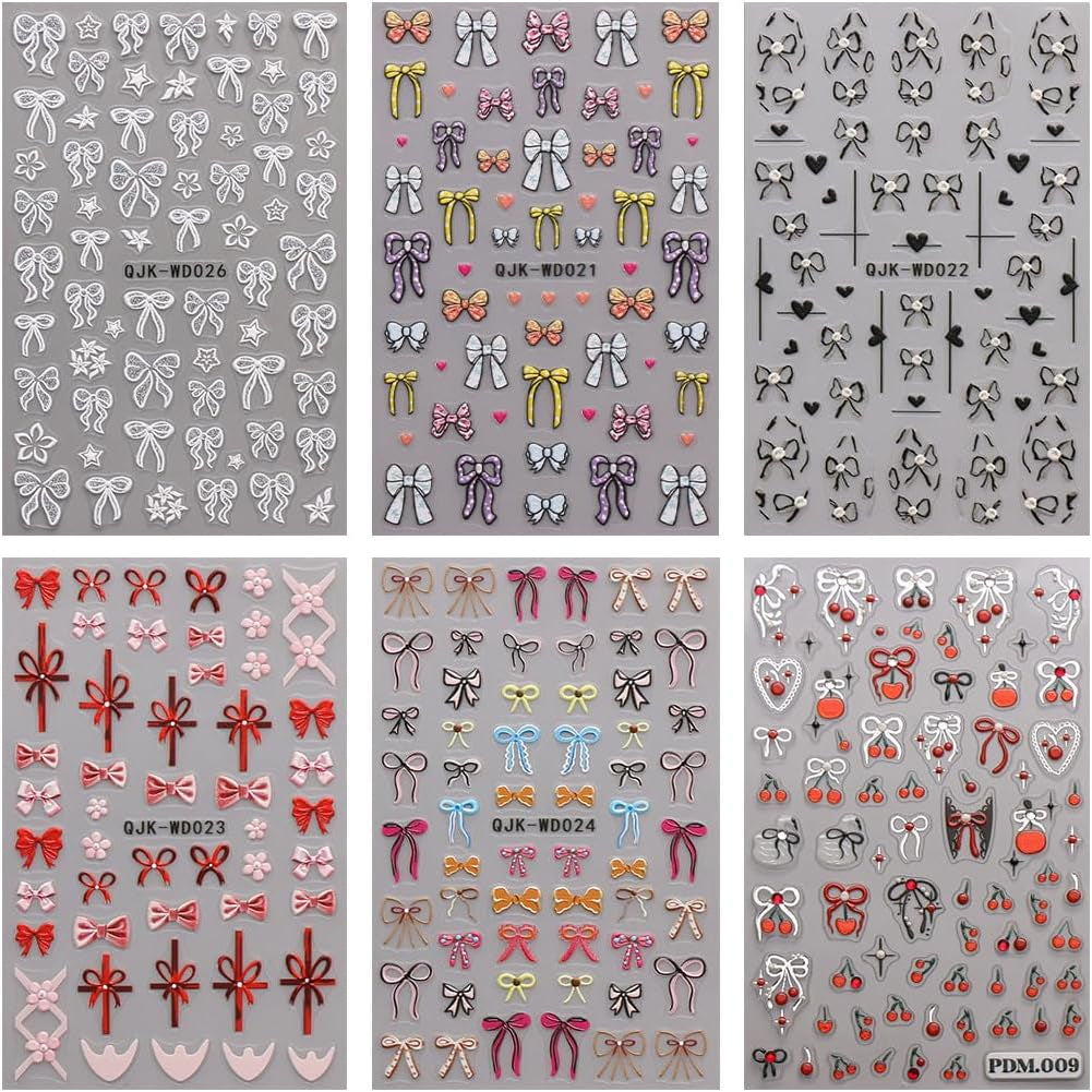 JMEOWIO Nagelsticker Bunte Herz Schleife 6 Blatt Nail Art Naklejka Selbstklebend Nagelaufkleber Dekoration Nageldesign Zubehör