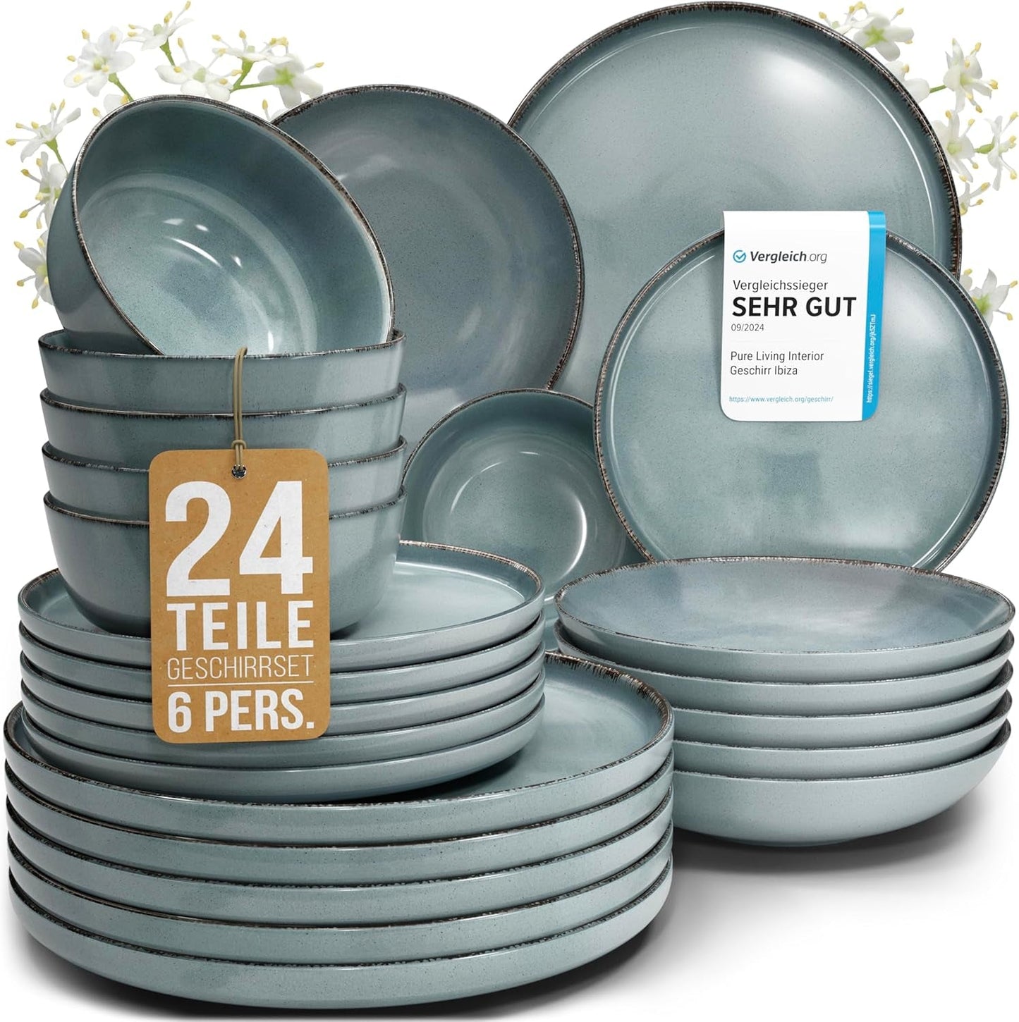 Steingut Geschirrset 6 Personen Rustic 24 tlg. TESTSIEGER, Hochwertiges Landhaussttil Steingut Geschirr Set, Schüssel- und Teller Set, Tafelservice 6 Personen, Geschirrsets Pure Living w Rauchblau