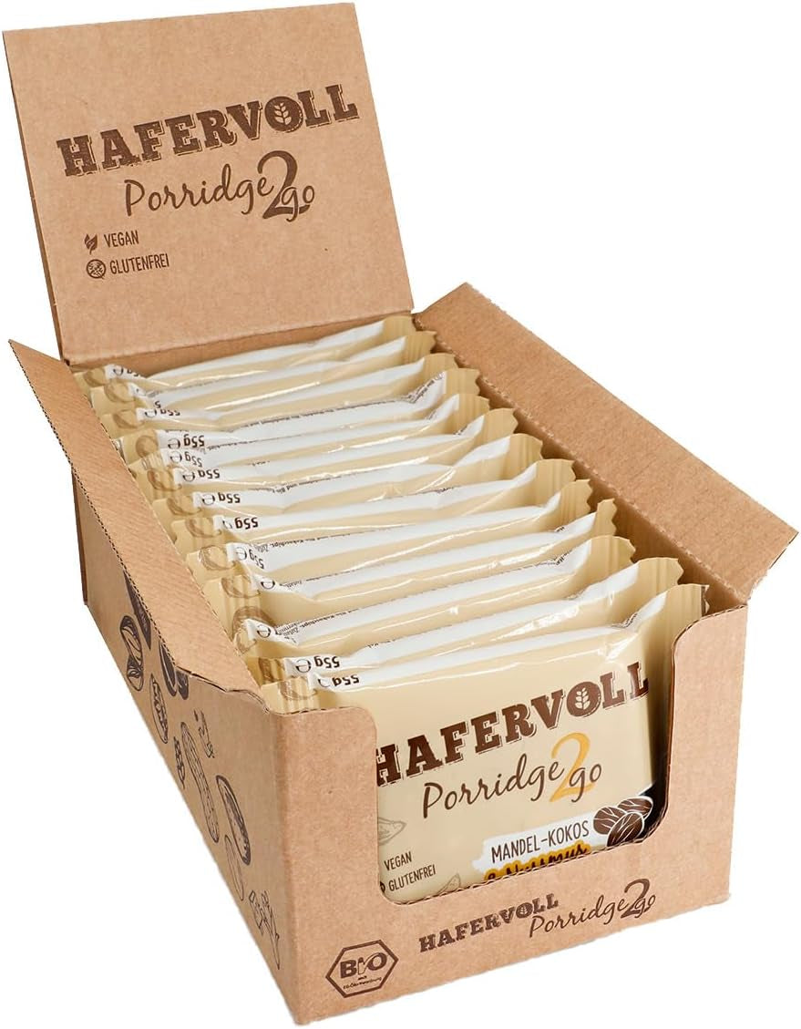 Hafervoll Porridge2go Masło orzechowe i orzechy, 13 batonów x 55 g - wegańska, organiczna, bezglutenowa, bez dodatku cukru przekąska, z owsem, daktylami i cukierkami Quinoa