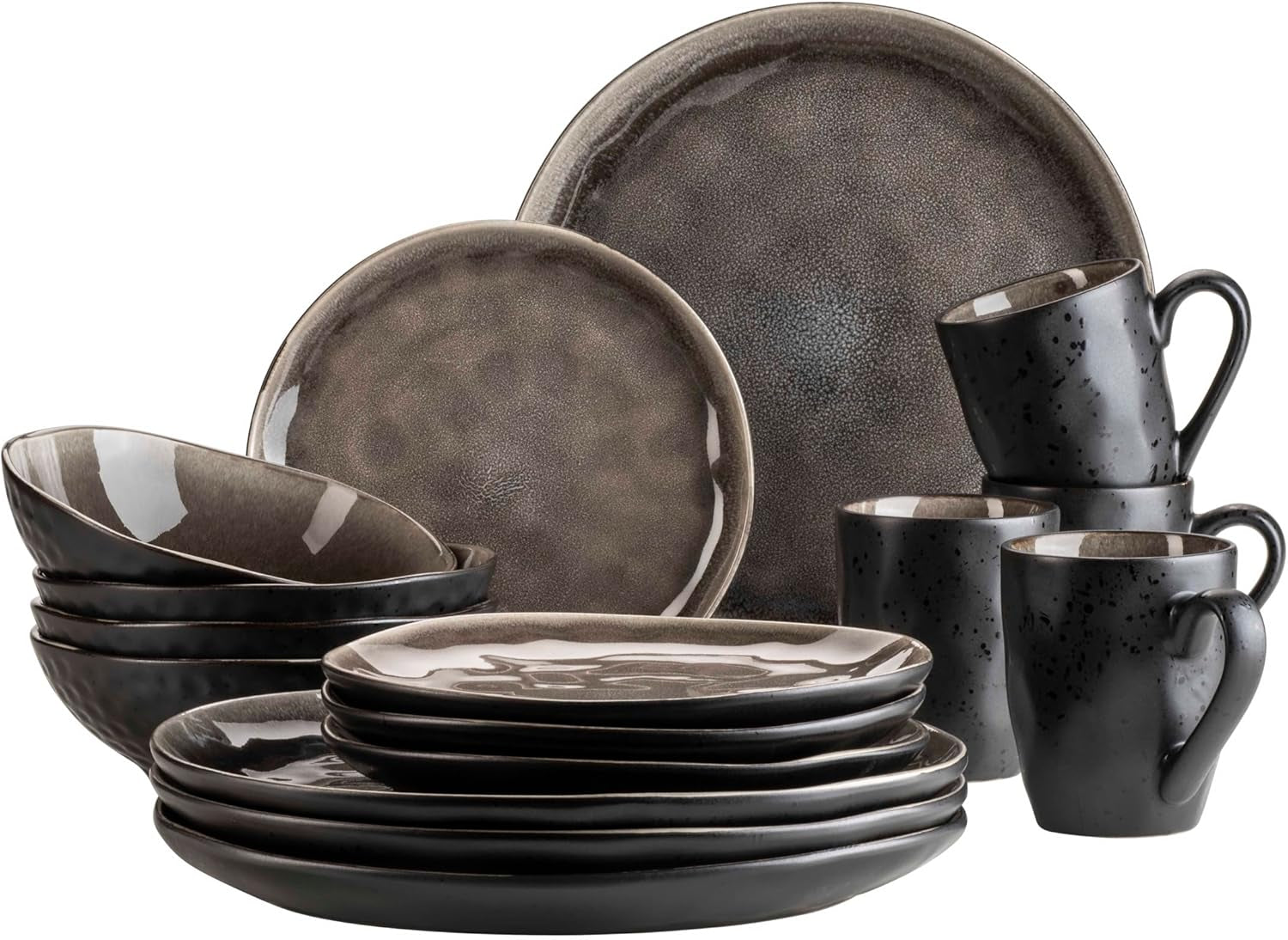 MĘSER 934073 Niara Organic Series Nowoczesny 4-osobowy zestaw obiadowy o ekscytującym wyglądzie vintage, 16-częściowy serwis łączony ze specjalną kombinacją czarno-brązowej glazury, kamionka